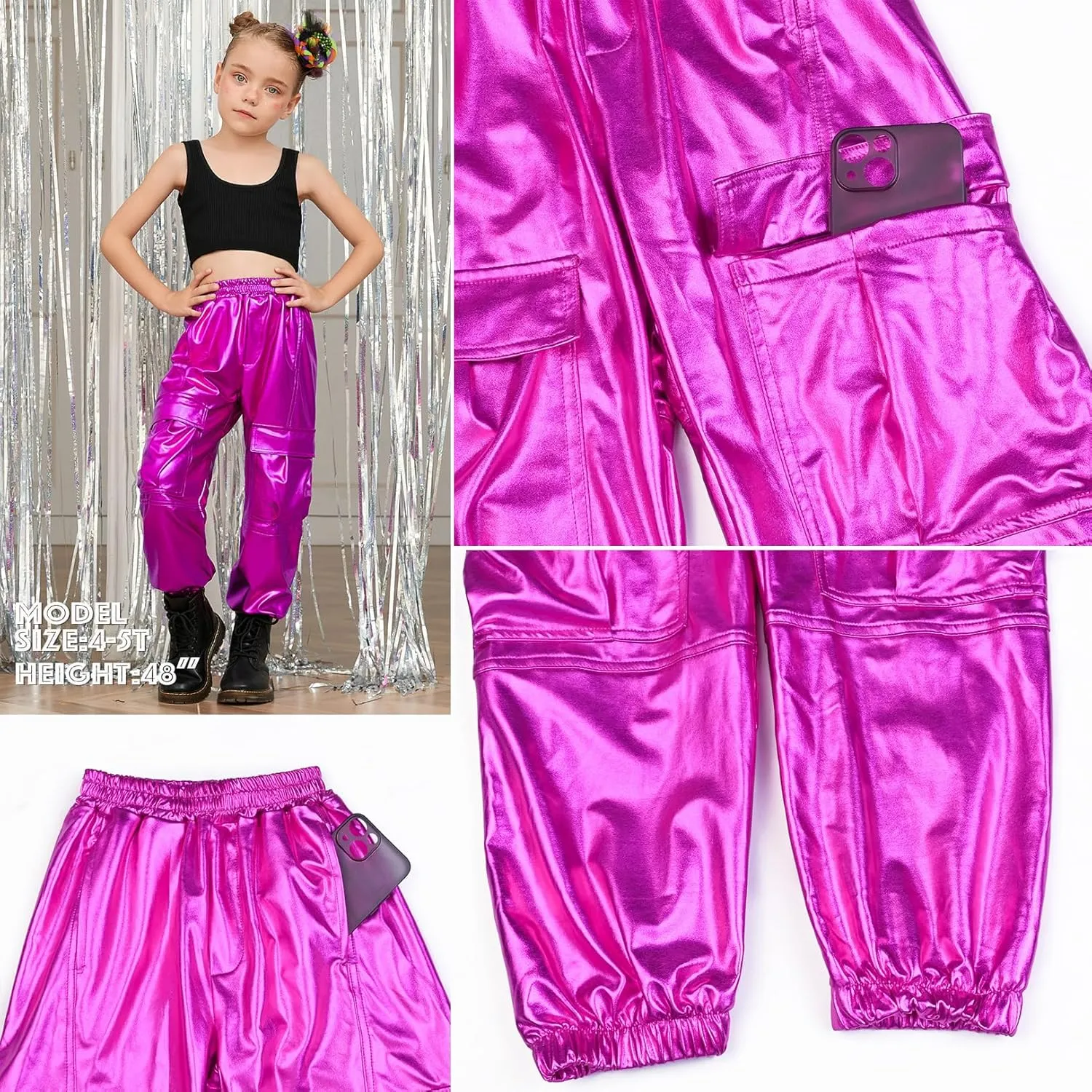 Perfashion Metallic Cargo Pants for Girls Hip Hop Dance Multi-Pocket Joggers High Waist Pants 6-15Y