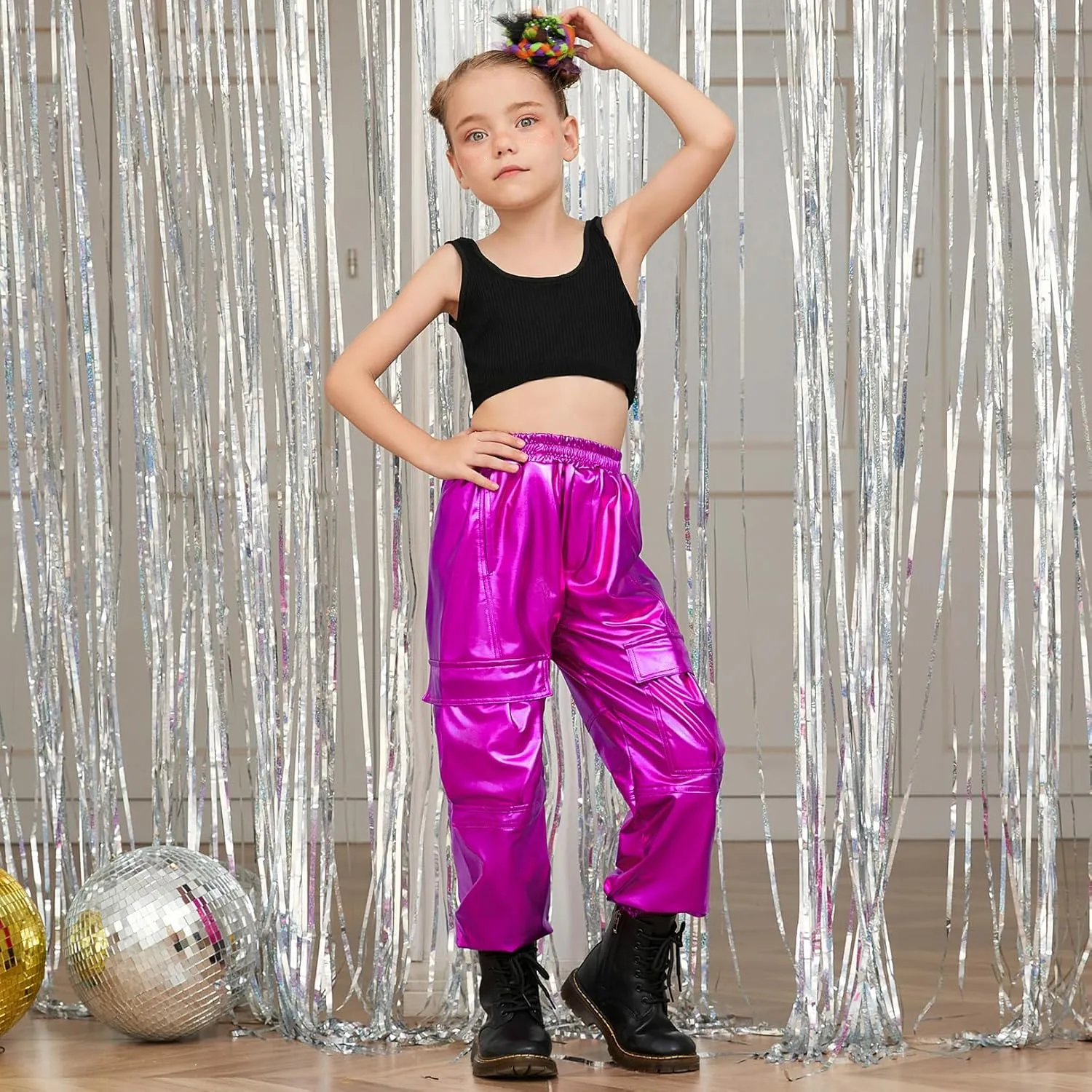 Perfashion Metallic Cargo Pants for Girls Hip Hop Dance Multi-Pocket Joggers High Waist Pants 6-15Y