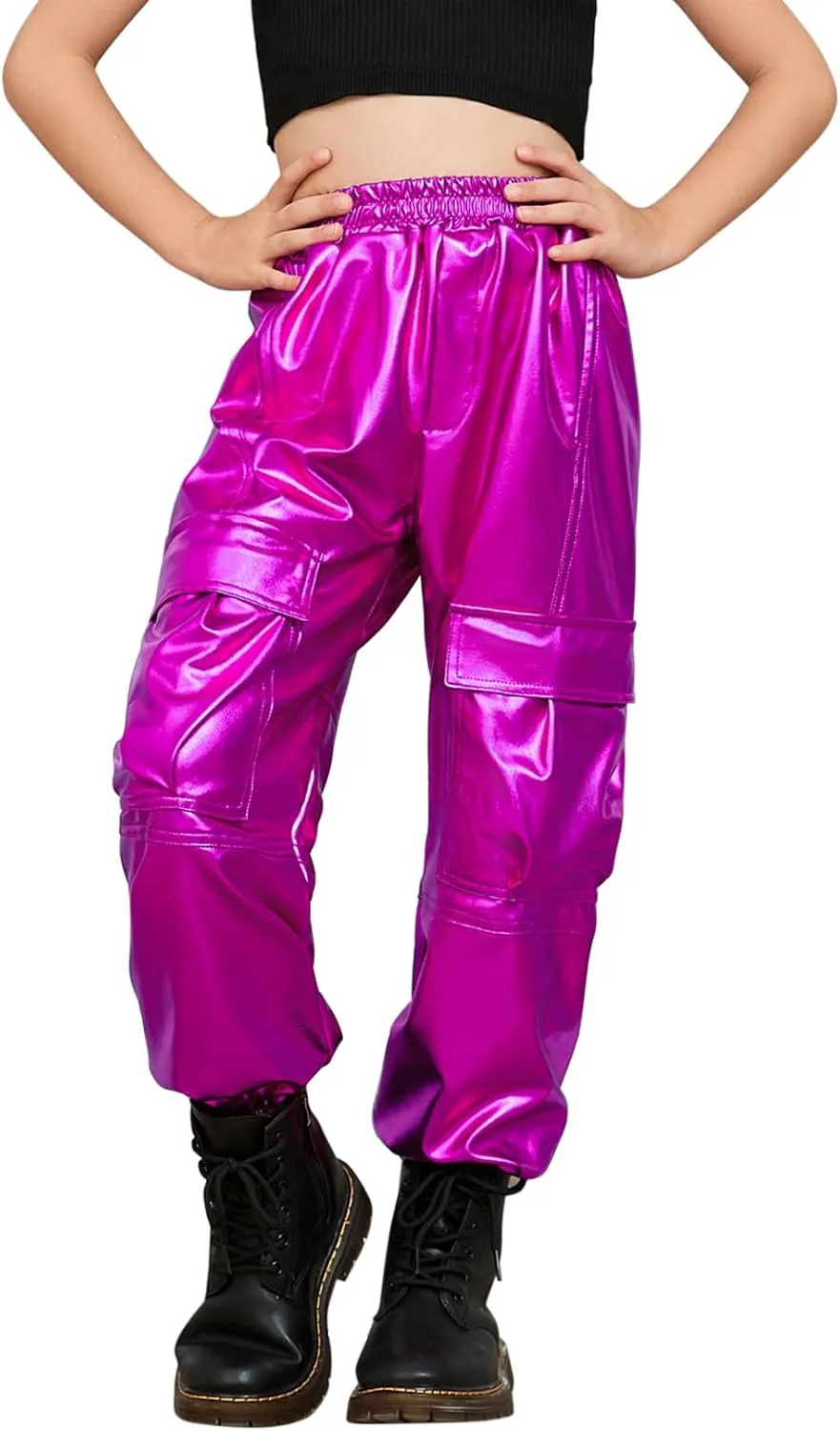 Perfashion Metallic Cargo Pants for Girls Hip Hop Dance Multi-Pocket Joggers High Waist Pants 6-15Y
