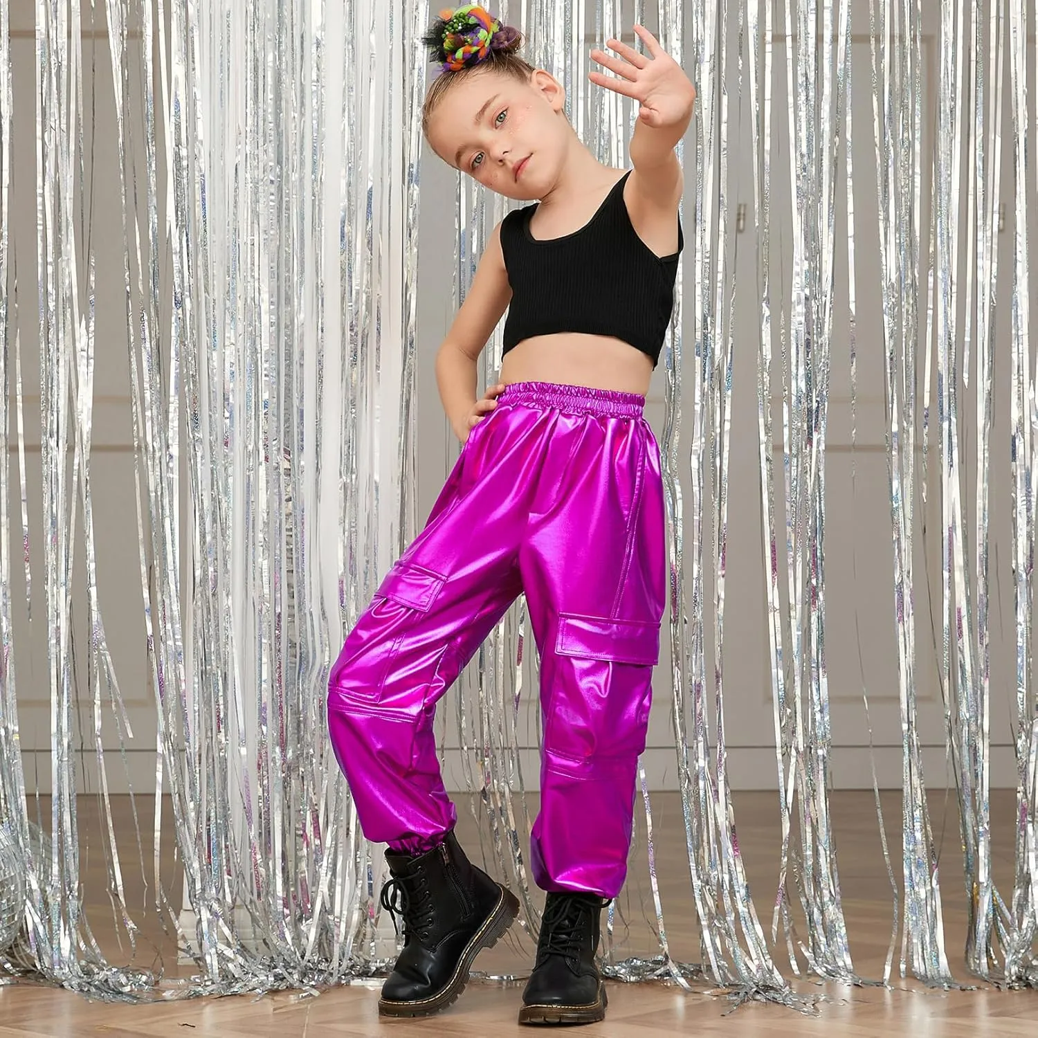 Perfashion Metallic Cargo Pants for Girls Hip Hop Dance Multi-Pocket Joggers High Waist Pants 6-15Y