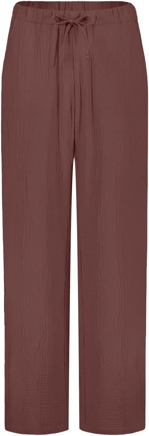 PTOLOCIF Cotton Linen Pants for Women Elastic Waist Wide Leg Palazzo Pants Summer Drawstring Casual Loose Yoga Trousers