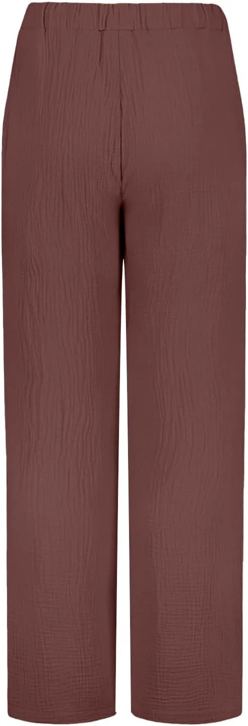 PTOLOCIF Cotton Linen Pants for Women Elastic Waist Wide Leg Palazzo Pants Summer Drawstring Casual Loose Yoga Trousers