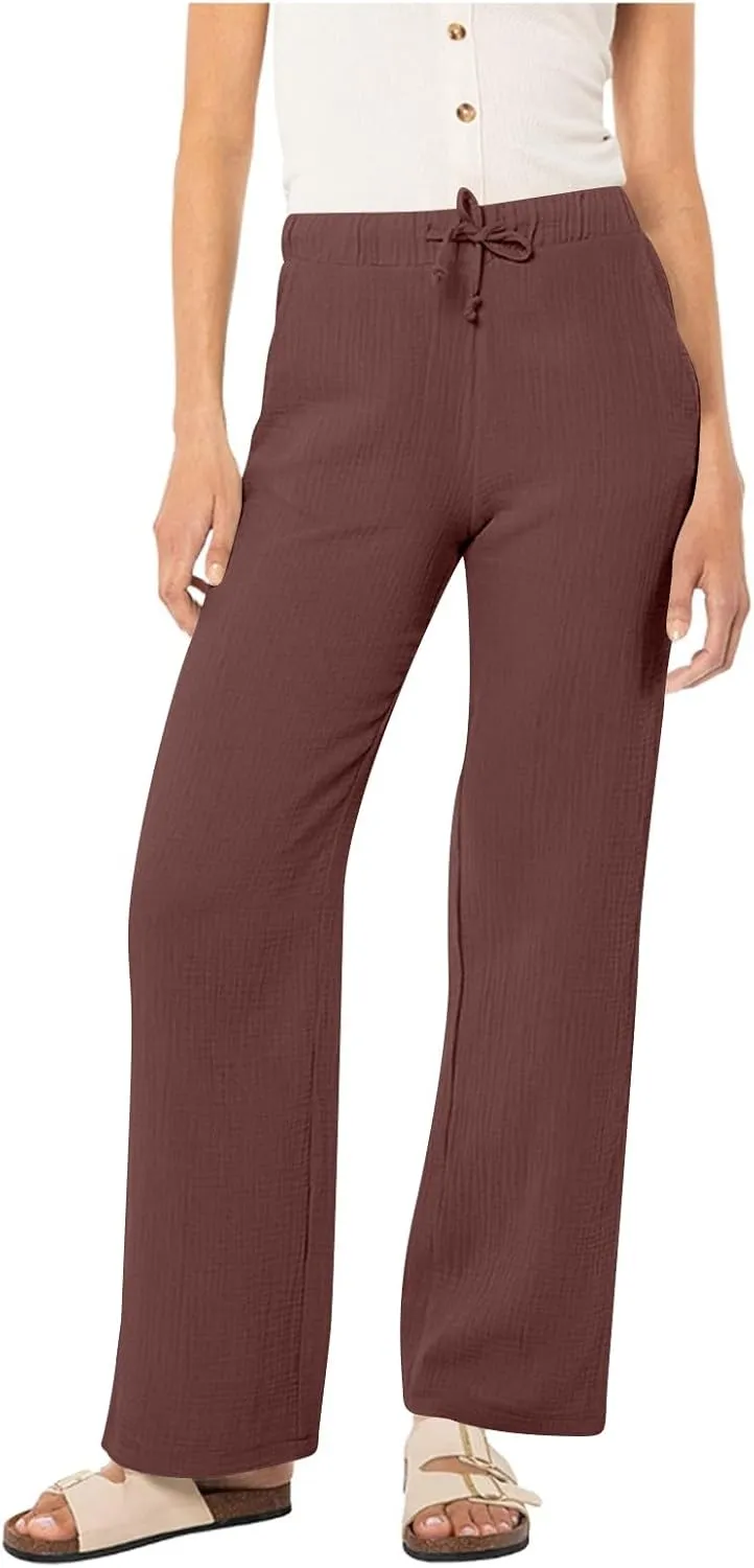 PTOLOCIF Cotton Linen Pants for Women Elastic Waist Wide Leg Palazzo Pants Summer Drawstring Casual Loose Yoga Trousers
