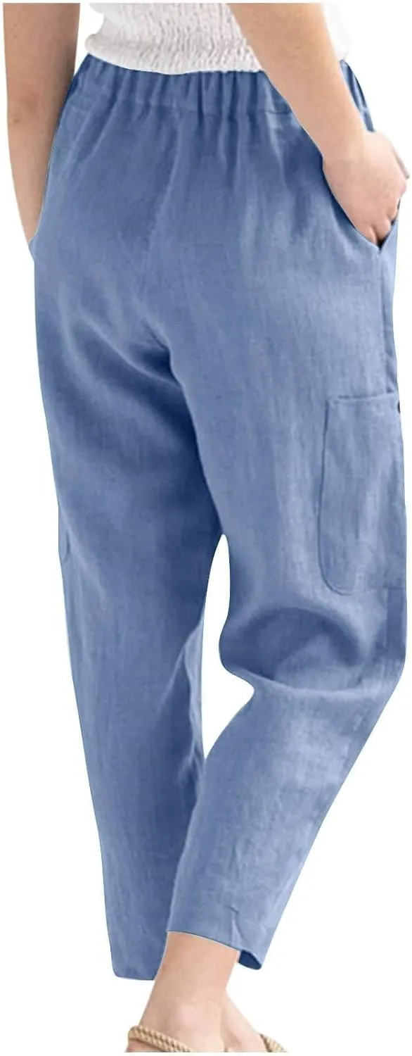 PTOLOCIF Cotton Linen Pants Women Summer Drawstring Waist Pants Wide Leg Loose Cotton Linen Palazzo Trousers with Pockets