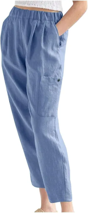 PTOLOCIF Cotton Linen Pants Women Summer Drawstring Waist Pants Wide Leg Loose Cotton Linen Palazzo Trousers with Pockets