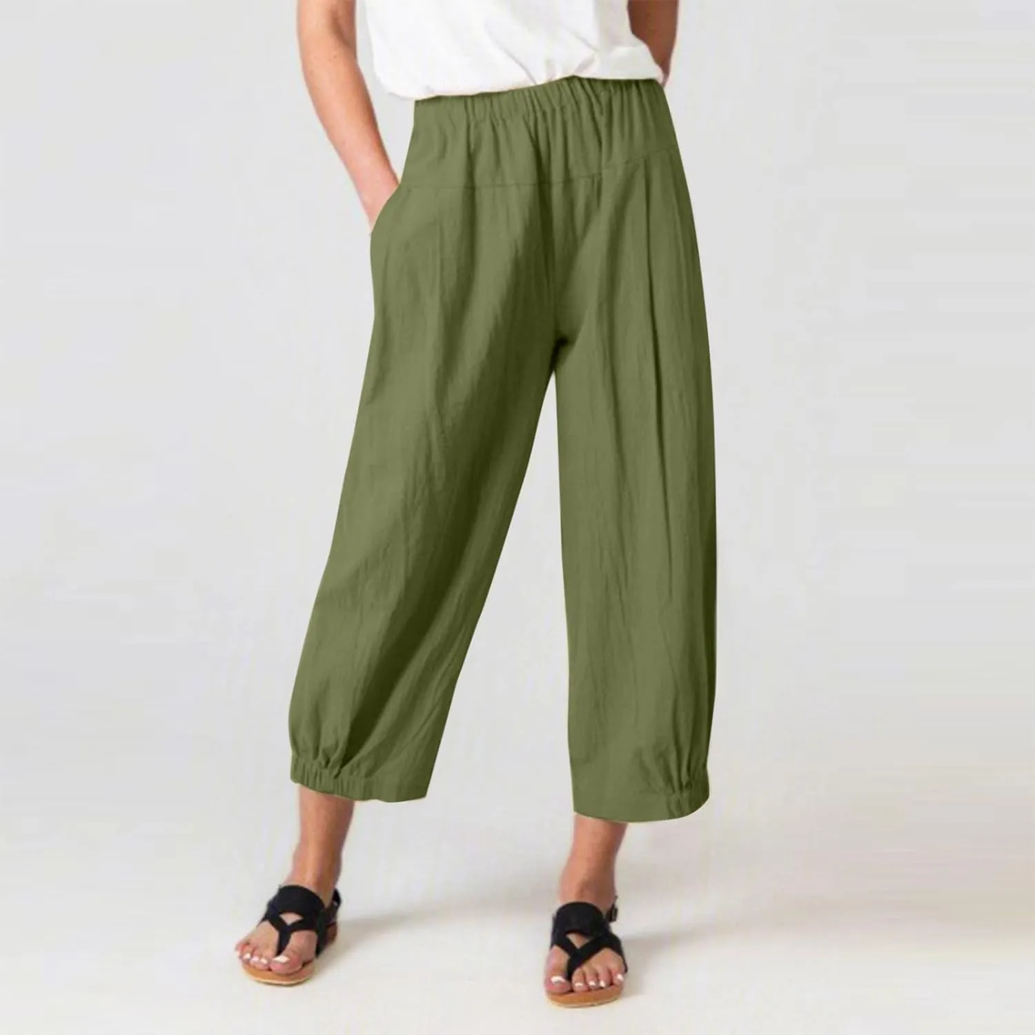 PTOLOCIF Linen Pants Women Casual Elastic Waist Wide Leg Pants with Pockets High Waisted Drawstring Beach Pant Trousers