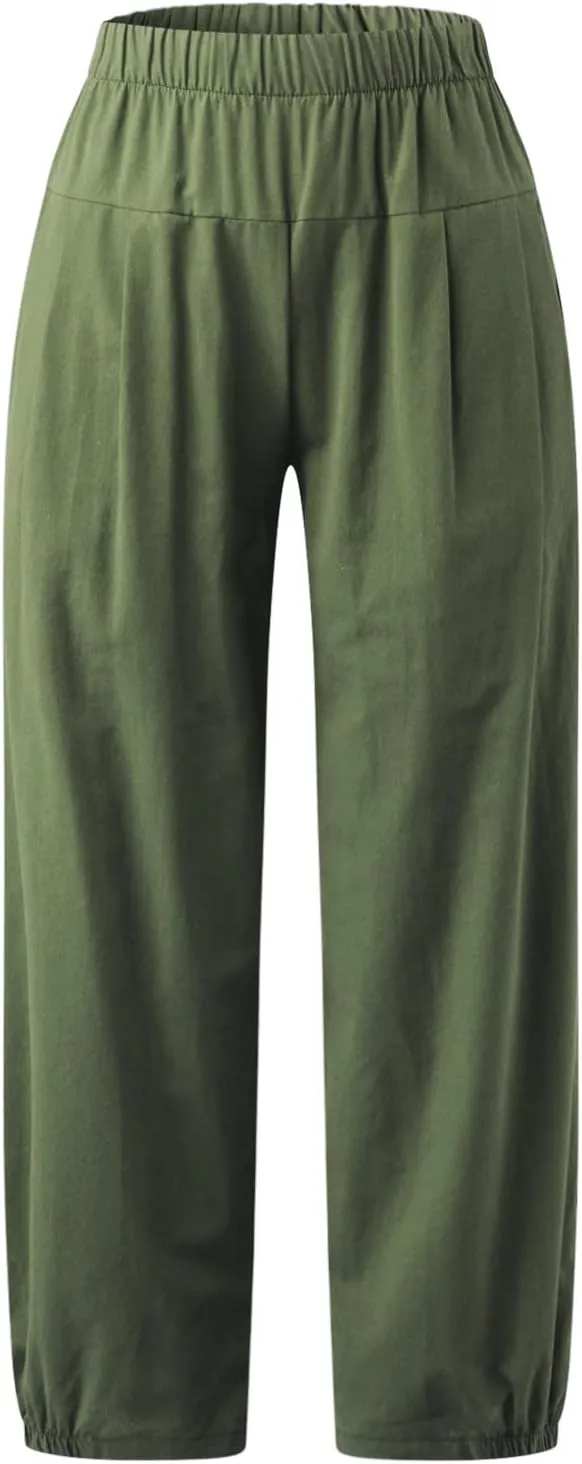 PTOLOCIF Linen Pants Women Casual Elastic Waist Wide Leg Pants with Pockets High Waisted Drawstring Beach Pant Trousers