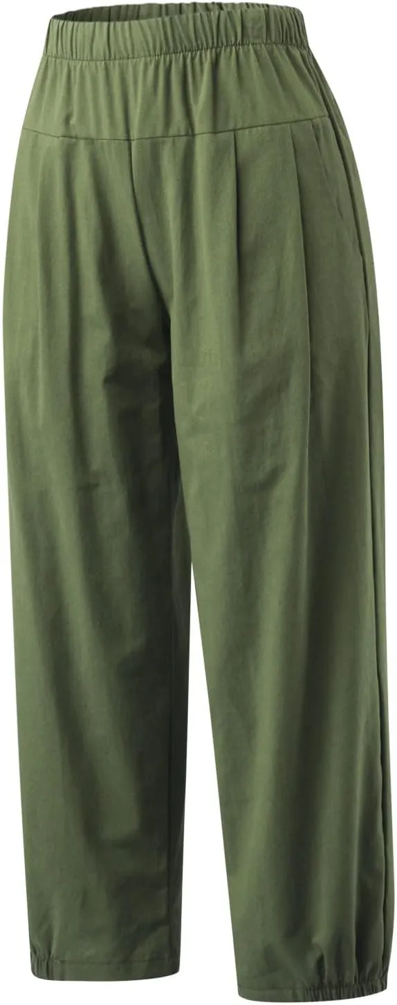 PTOLOCIF Linen Pants Women Casual Elastic Waist Wide Leg Pants with Pockets High Waisted Drawstring Beach Pant Trousers