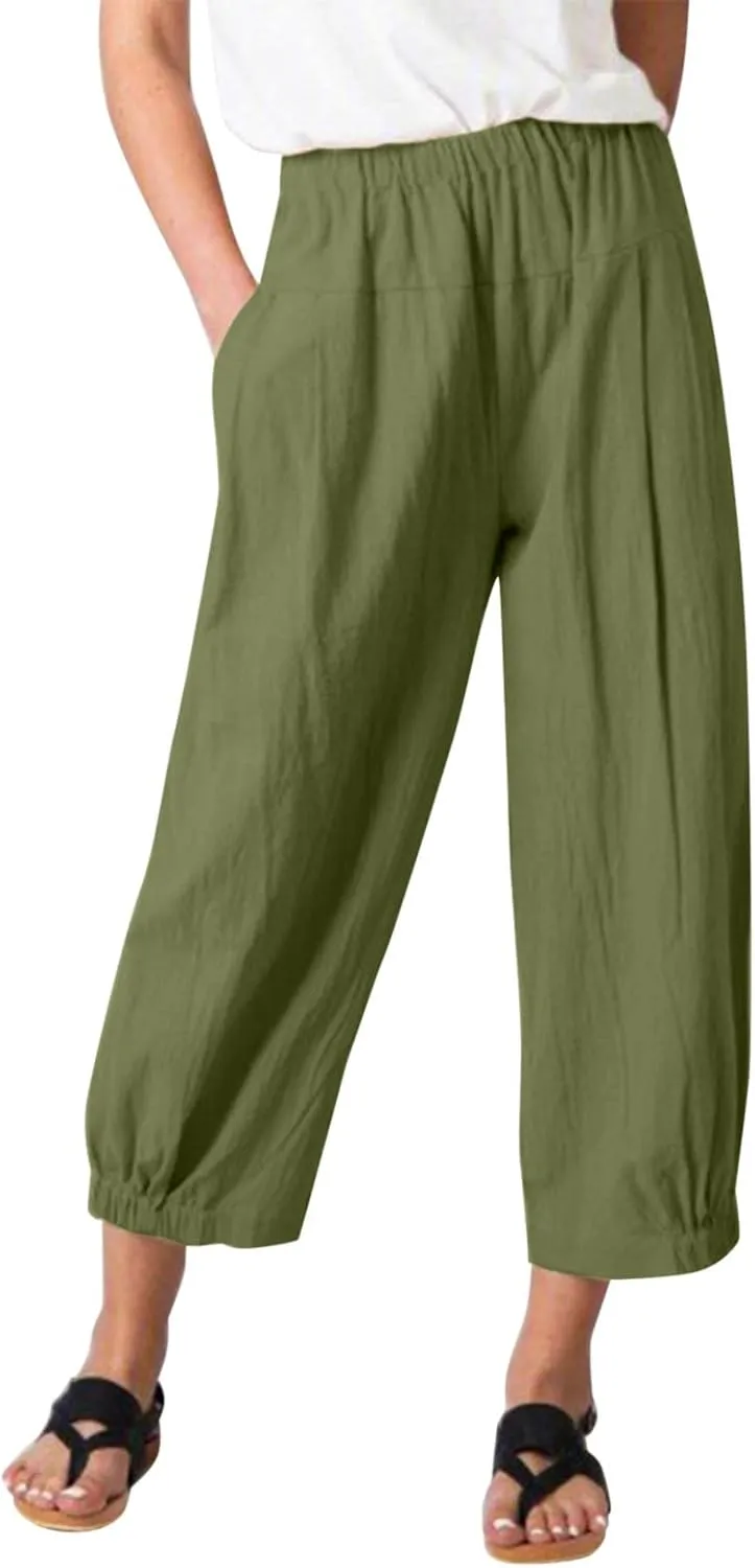 PTOLOCIF Linen Pants Women Casual Elastic Waist Wide Leg Pants with Pockets High Waisted Drawstring Beach Pant Trousers