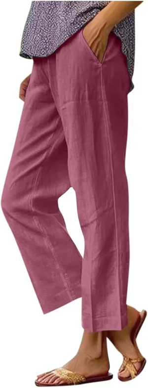 PTOLOCIF Linen Pants Women Summer Wide Leg Casual Loose Pants High Waist Drawstring Palazzo Capris Trousers with Pockets