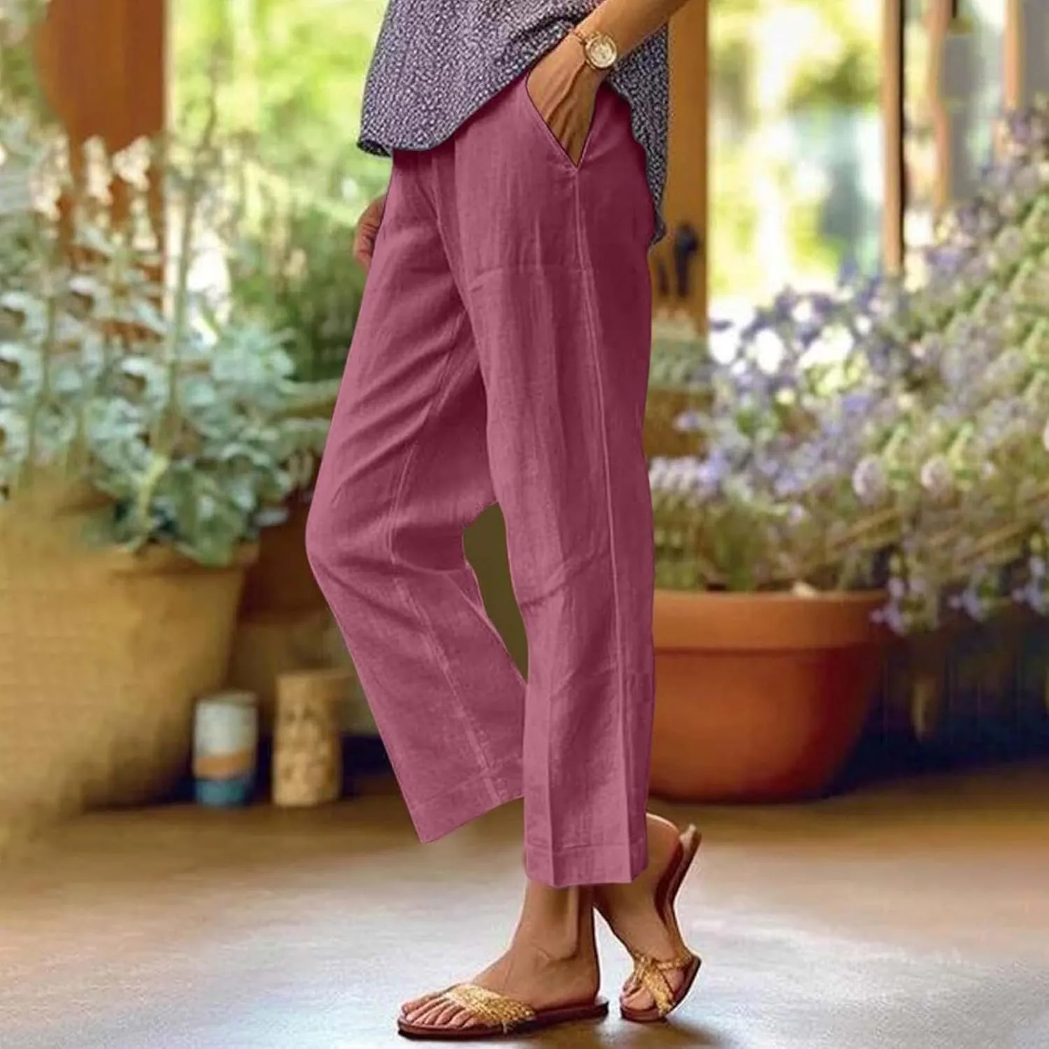 PTOLOCIF Linen Pants Women Summer Wide Leg Casual Loose Pants High Waist Drawstring Palazzo Capris Trousers with Pockets