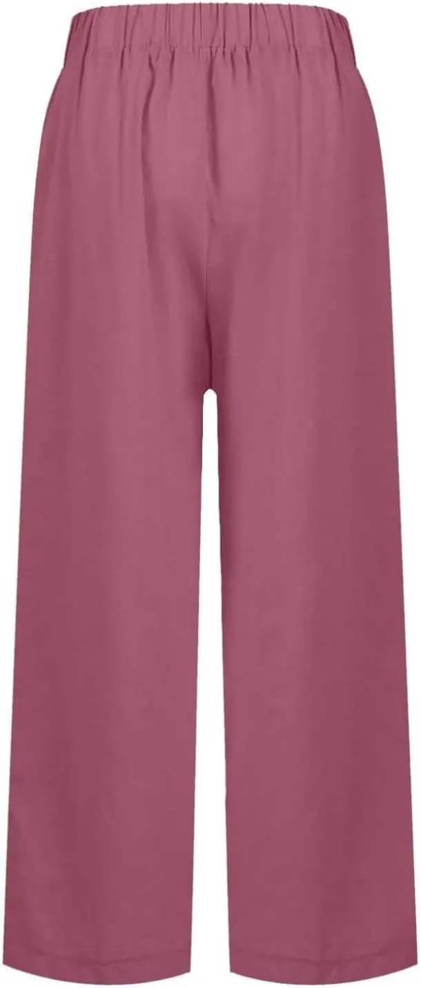 PTOLOCIF Linen Pants Women Summer Wide Leg Casual Loose Pants High Waist Drawstring Palazzo Capris Trousers with Pockets