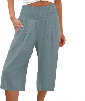 PTOLOCIF Petite Linen Pants for Women Wide Leg Casual Palazzo Pants Cotton Linen Lounge Beach Summer Pant with Pockets