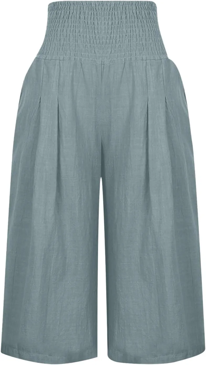 PTOLOCIF Petite Linen Pants for Women Wide Leg Casual Palazzo Pants Cotton Linen Lounge Beach Summer Pant with Pockets
