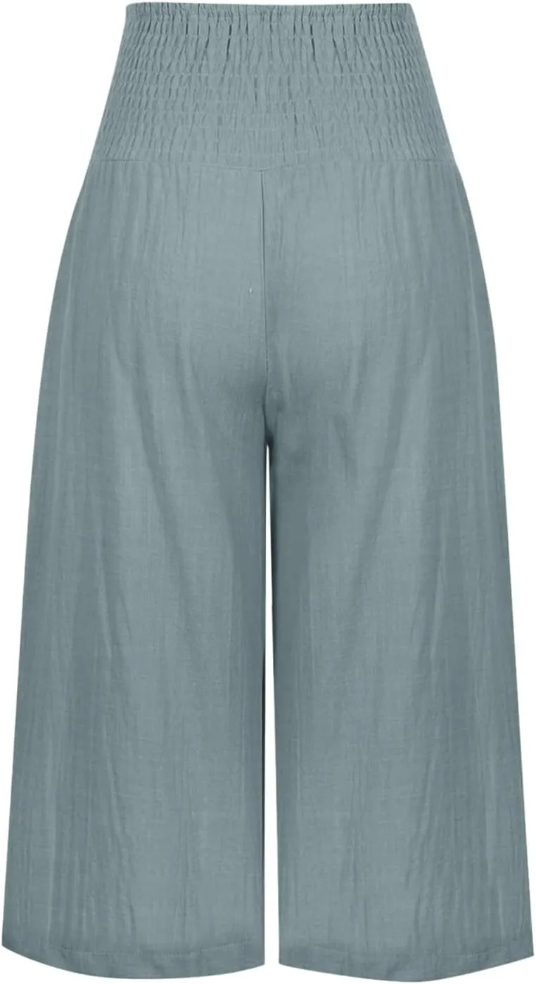 PTOLOCIF Petite Linen Pants for Women Wide Leg Casual Palazzo Pants Cotton Linen Lounge Beach Summer Pant with Pockets
