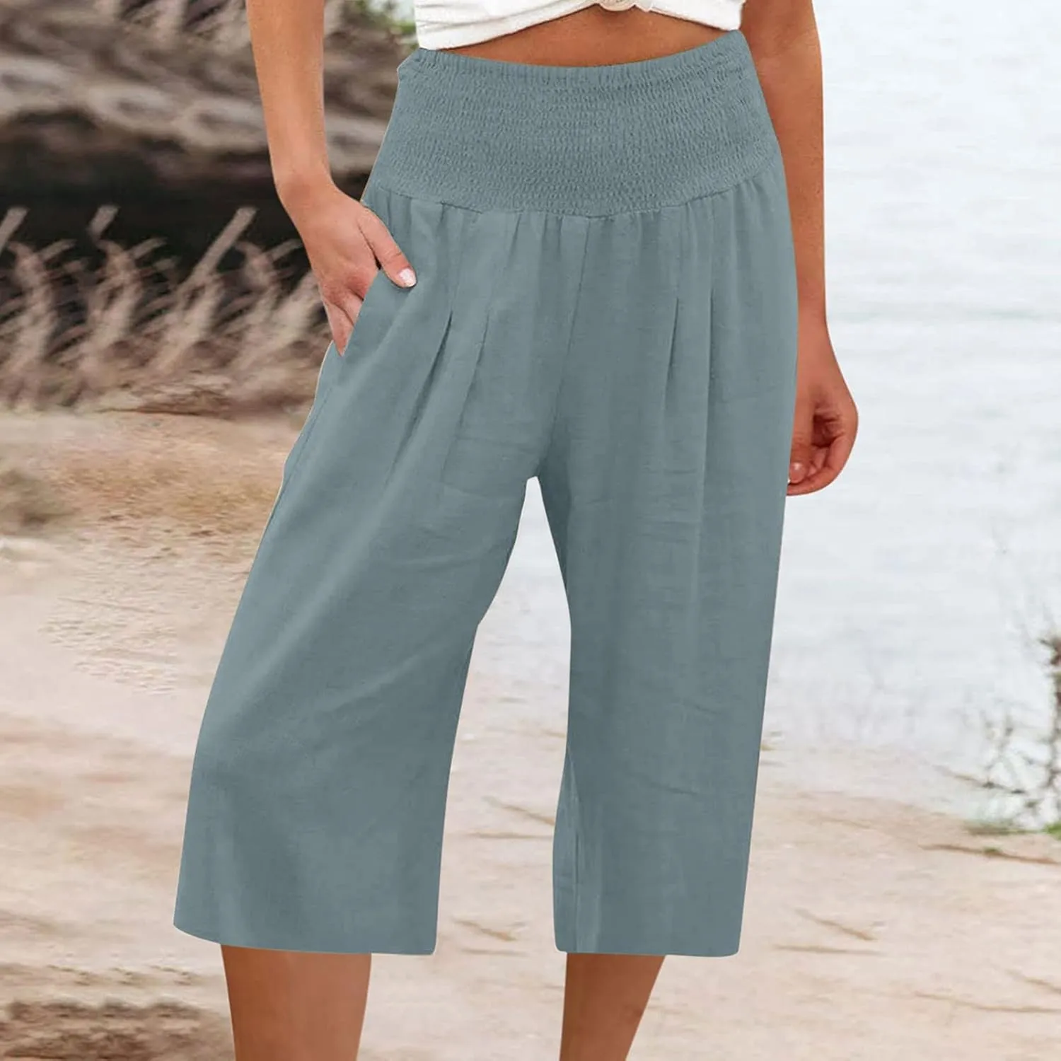 PTOLOCIF Petite Linen Pants for Women Wide Leg Casual Palazzo Pants Cotton Linen Lounge Beach Summer Pant with Pockets