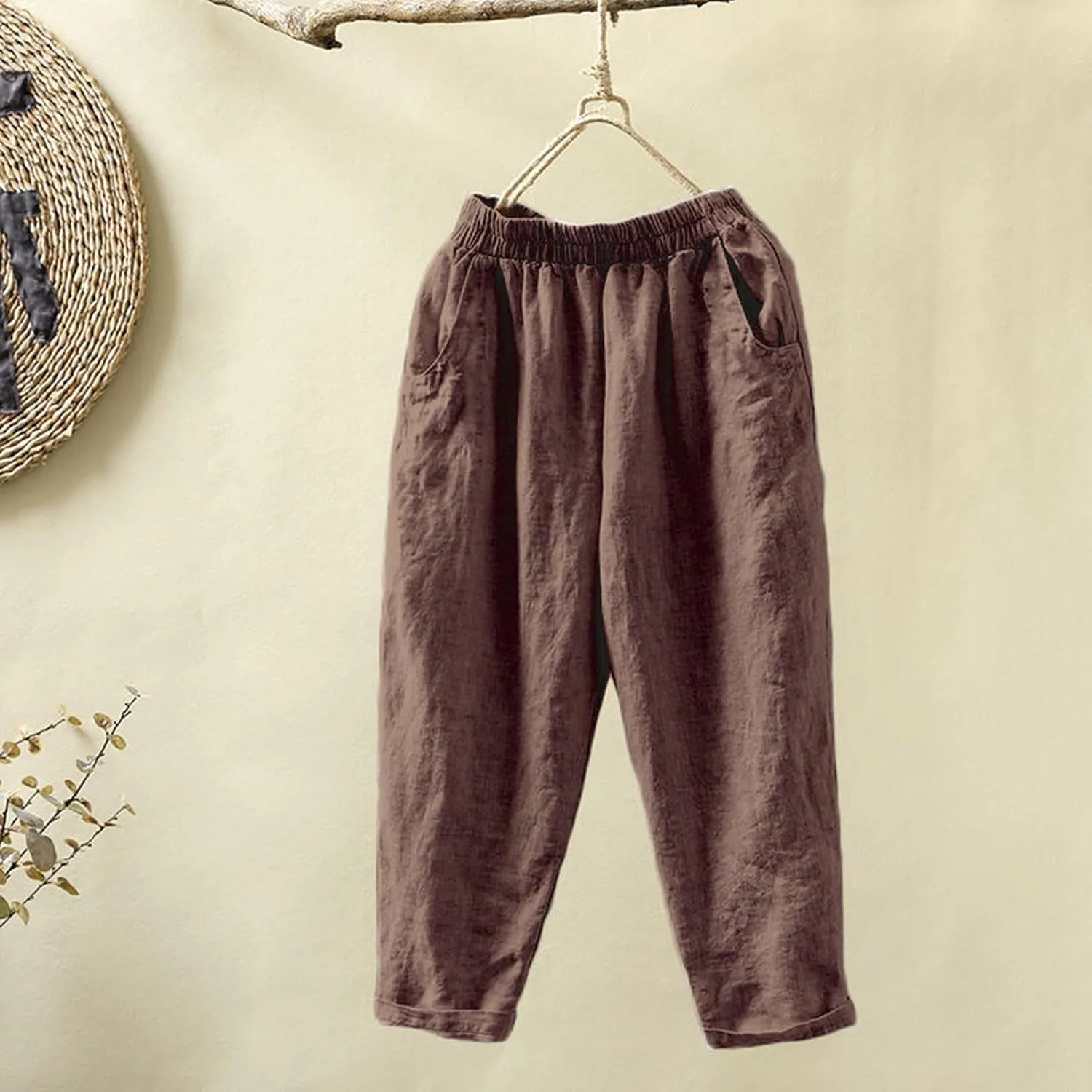 PTOLOCIF Womens Casual Linen Pants Casual High Waist Loose Fit Drawstring Trousers with Pockets Summer Fashion Linen Pants