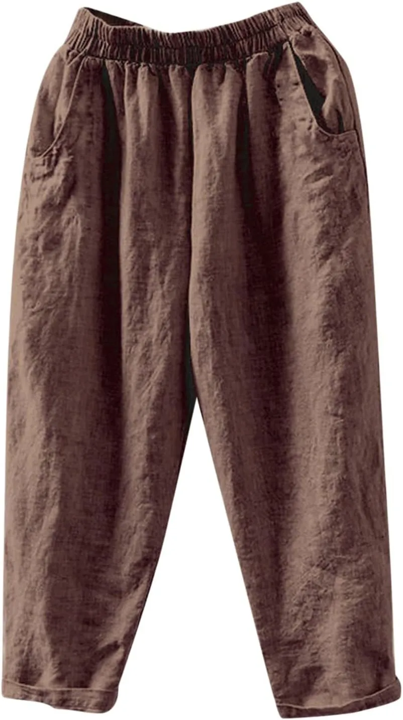 PTOLOCIF Womens Casual Linen Pants Casual High Waist Loose Fit Drawstring Trousers with Pockets Summer Fashion Linen Pants