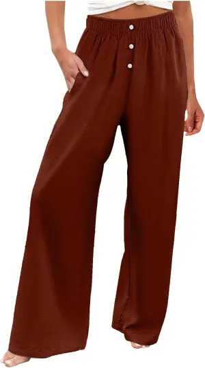 PTOLOCIF Womens Casual Linen Pants Straight Leg Dress Pants High Waist Cotton Linen Pant Flowy Wide Leg Summer Boho Trousers