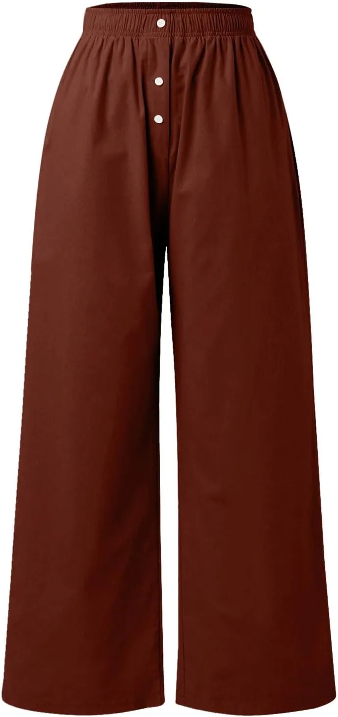 PTOLOCIF Womens Casual Linen Pants Straight Leg Dress Pants High Waist Cotton Linen Pant Flowy Wide Leg Summer Boho Trousers