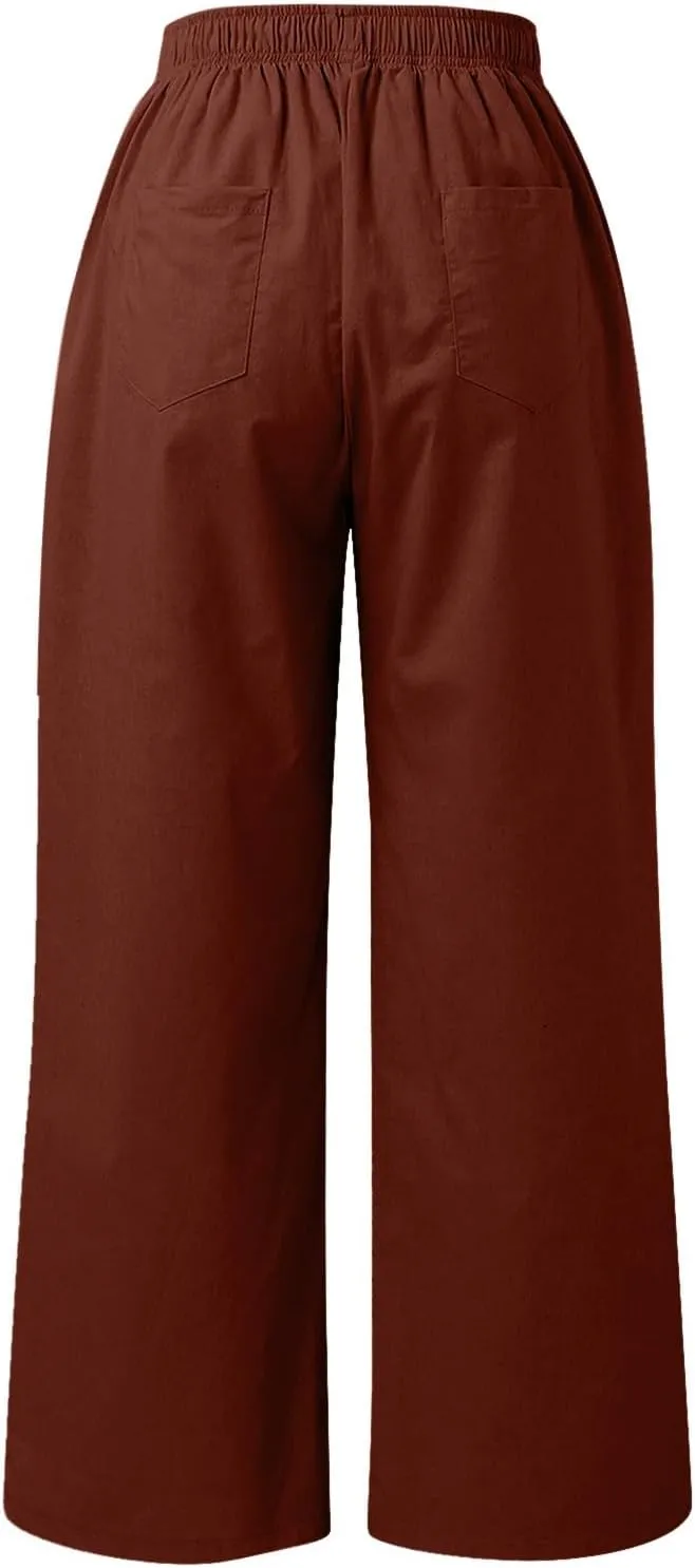 PTOLOCIF Womens Casual Linen Pants Straight Leg Dress Pants High Waist Cotton Linen Pant Flowy Wide Leg Summer Boho Trousers