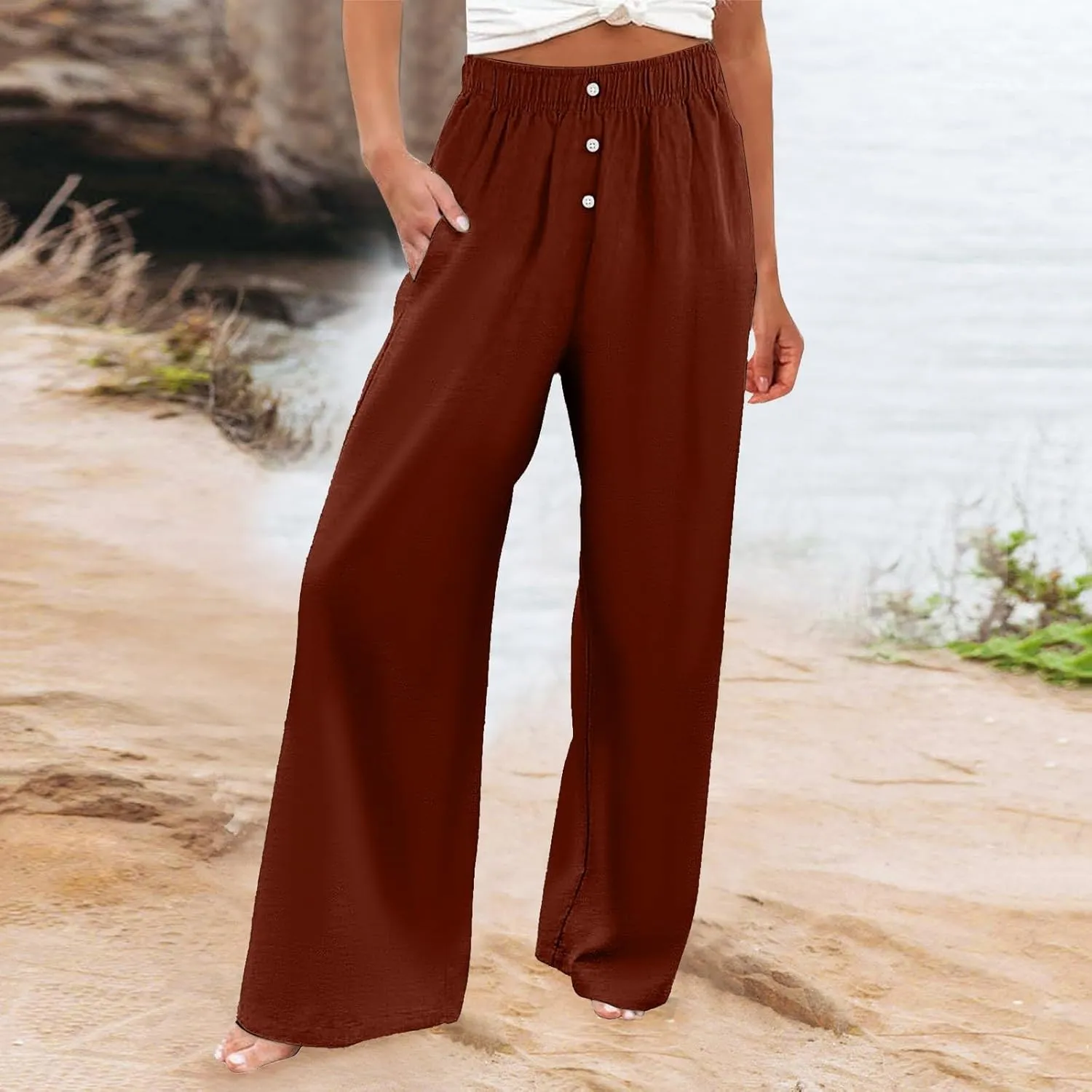 PTOLOCIF Womens Casual Linen Pants Straight Leg Dress Pants High Waist Cotton Linen Pant Flowy Wide Leg Summer Boho Trousers
