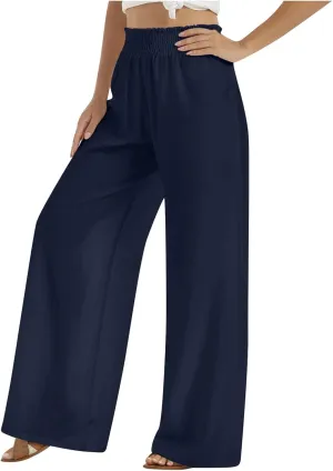 PTOLOCIF Womens Casual Linen Pants Wide Leg Casual Loose Pants High Waisted Drawstring Palazzo Capri Trousers with Pockets