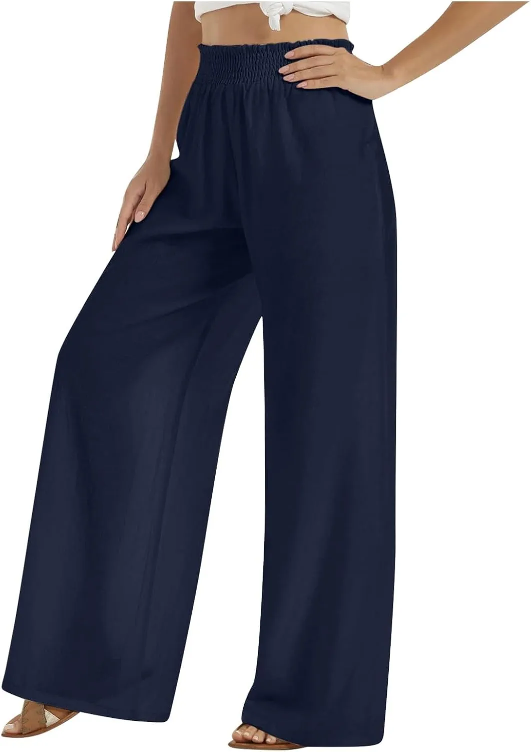 PTOLOCIF Womens Casual Linen Pants Wide Leg Casual Loose Pants High Waisted Drawstring Palazzo Capri Trousers with Pockets