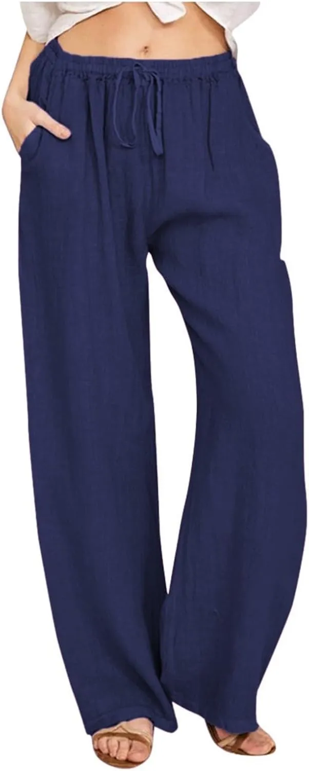PTOLOCIF Womens Cotton Linen Pants High Waist Drawstring Pants Loose Fit Summer Flowy Boho Pant Trousers with Side Pockets