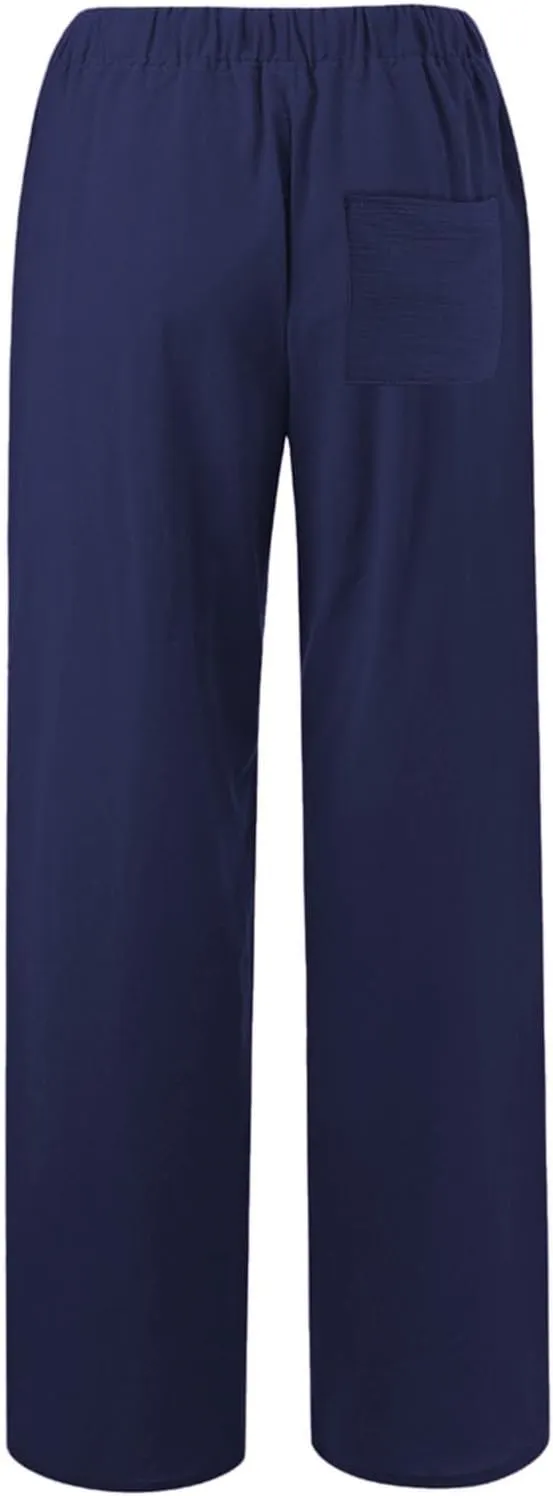 PTOLOCIF Womens Cotton Linen Pants High Waist Drawstring Pants Loose Fit Summer Flowy Boho Pant Trousers with Side Pockets
