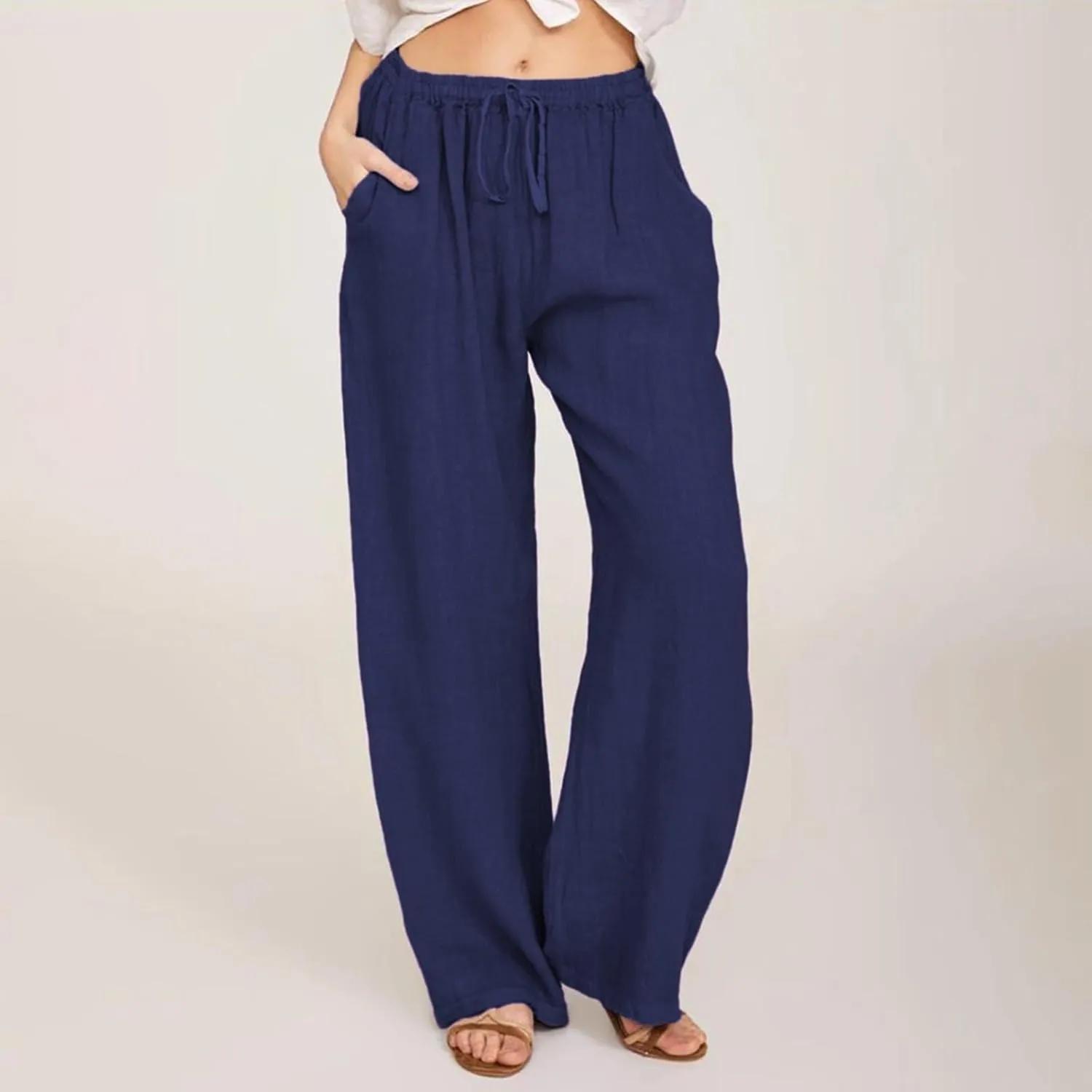 PTOLOCIF Womens Cotton Linen Pants High Waist Drawstring Pants Loose Fit Summer Flowy Boho Pant Trousers with Side Pockets