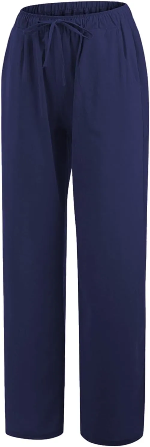 PTOLOCIF Womens Cotton Linen Pants High Waist Drawstring Pants Loose Fit Summer Flowy Boho Pant Trousers with Side Pockets