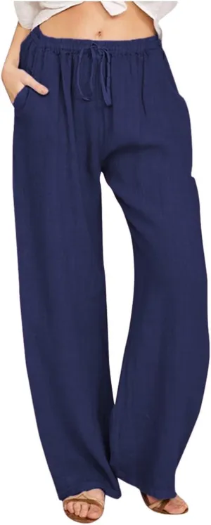 PTOLOCIF Womens Cotton Linen Pants High Waist Drawstring Pants Loose Fit Summer Flowy Boho Pant Trousers with Side Pockets
