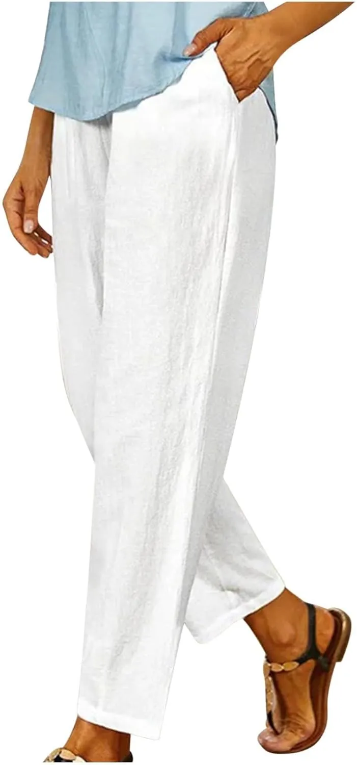 PTOLOCIF Women's Linen Blend Pants Straight Leg Dress Pants High Waist Cotton Linen Pant Flowy Wide Leg Summer Boho Trousers
