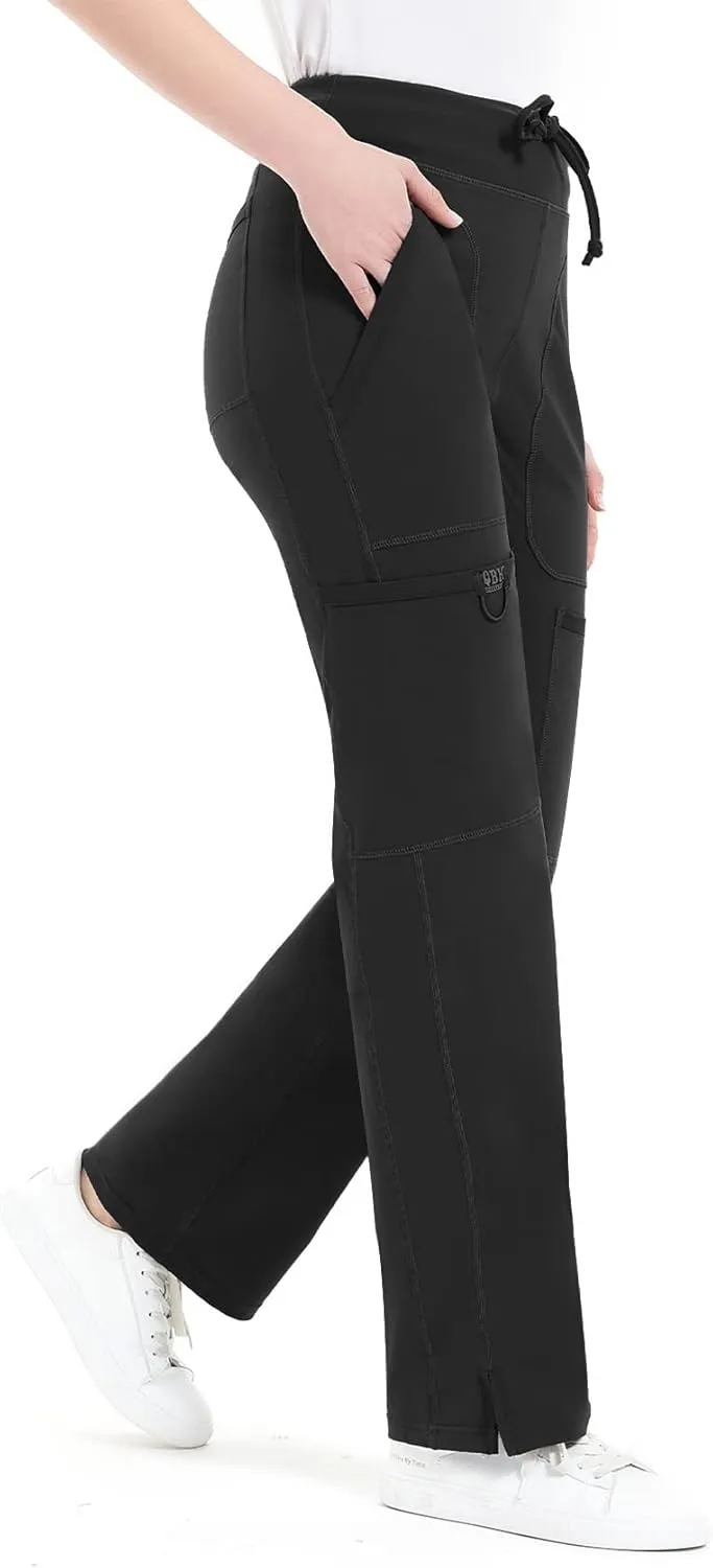 QBK Yoga Scrub Pants Women Mid Rise Yoga Work Pants- Five Pocket Cargo Scrub Pant
