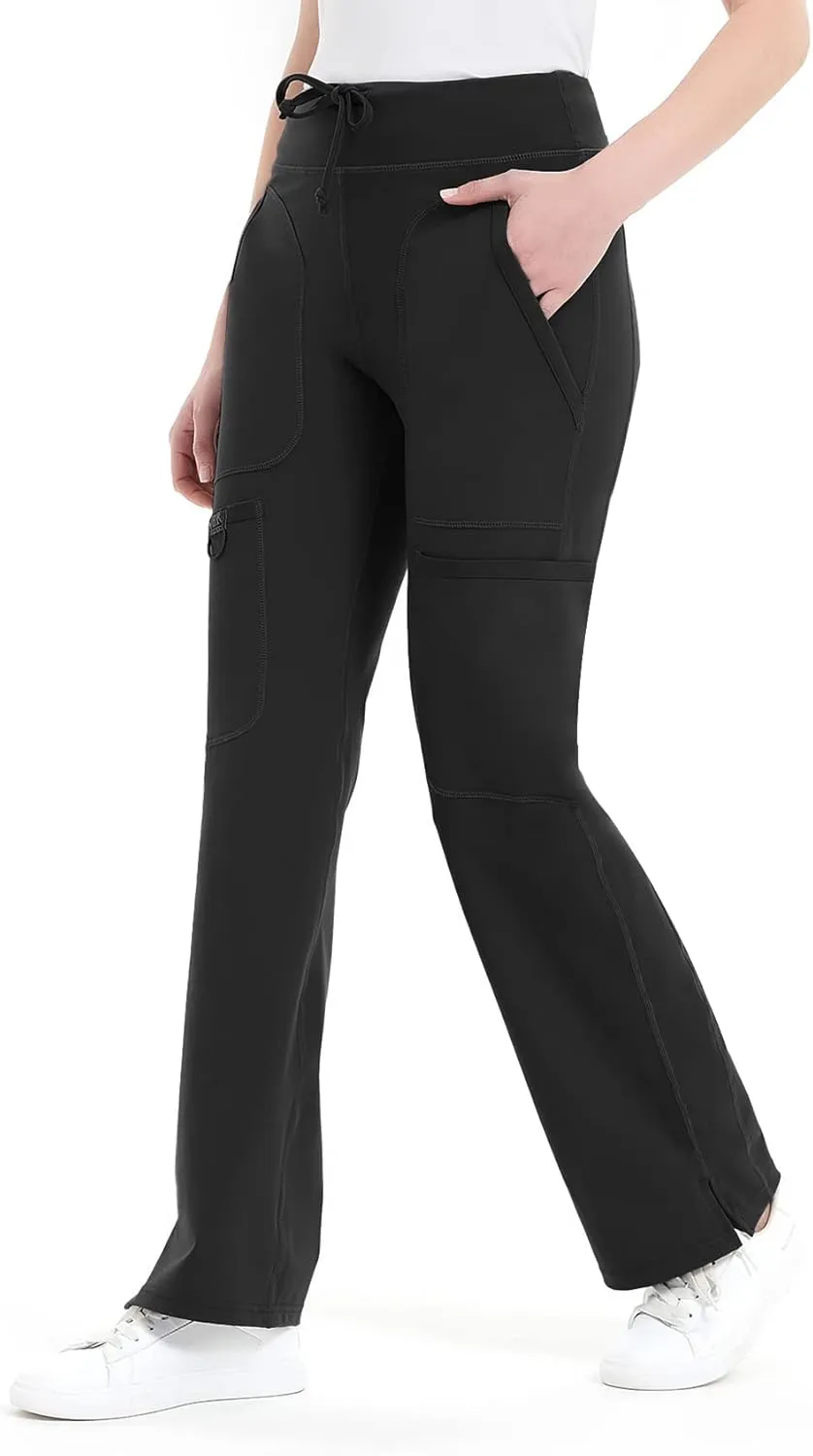 QBK Yoga Scrub Pants Women Mid Rise Yoga Work Pants- Five Pocket Cargo Scrub Pant
