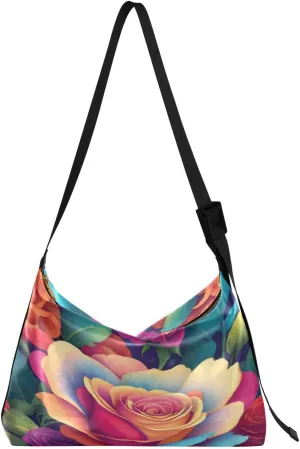 Rainbow Colorful Flower Hobo Crossbody Bags for Women Leather Large Shoulder Bag Cross Body Artistic Spring Trendy Womens Tote Bags Handbag for Travel Shopping