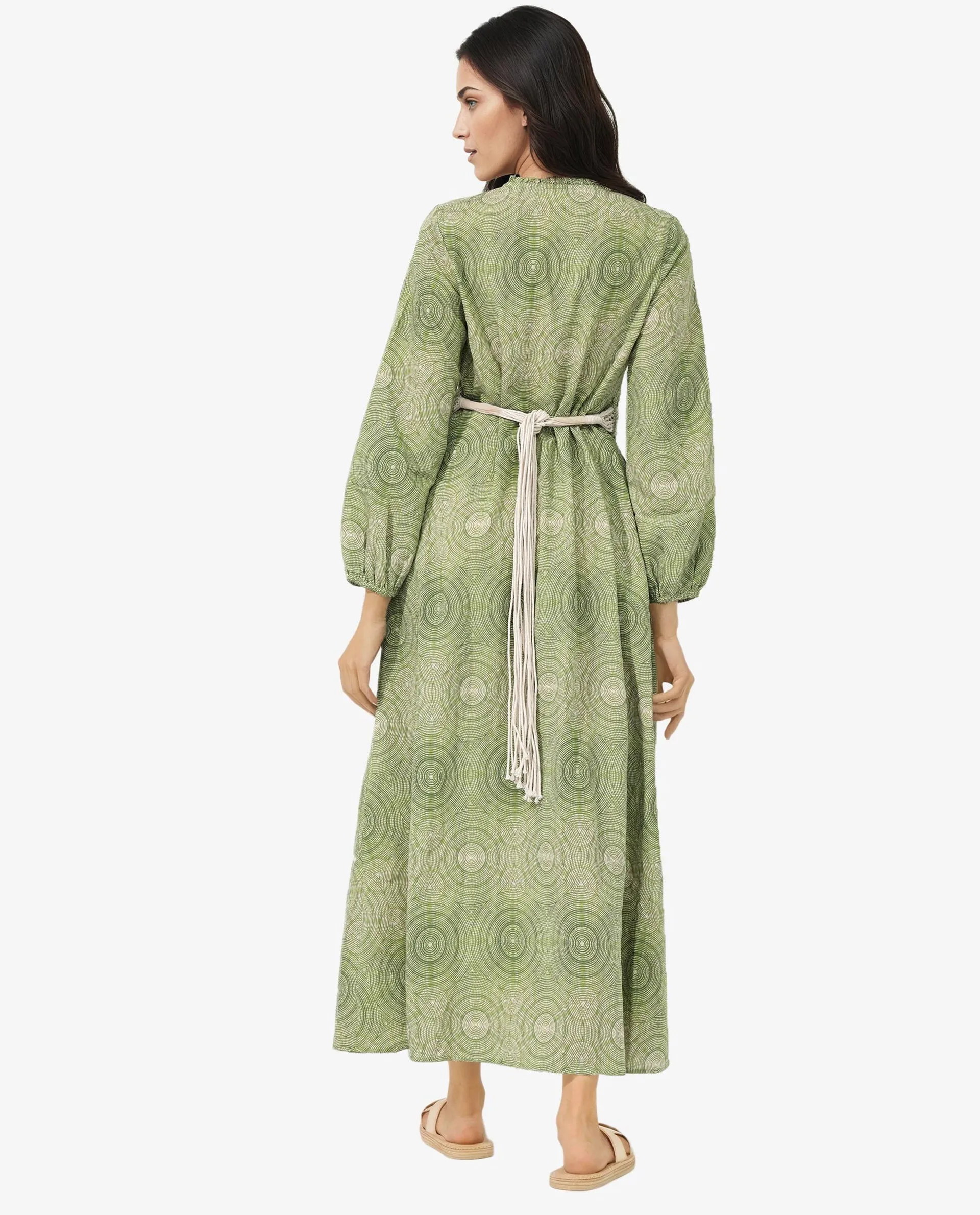 Rareism Women Bledel Pastel Green Rayon Nylon Fabric Regular Sleeves V-Neck Abstract Print Longline Dress