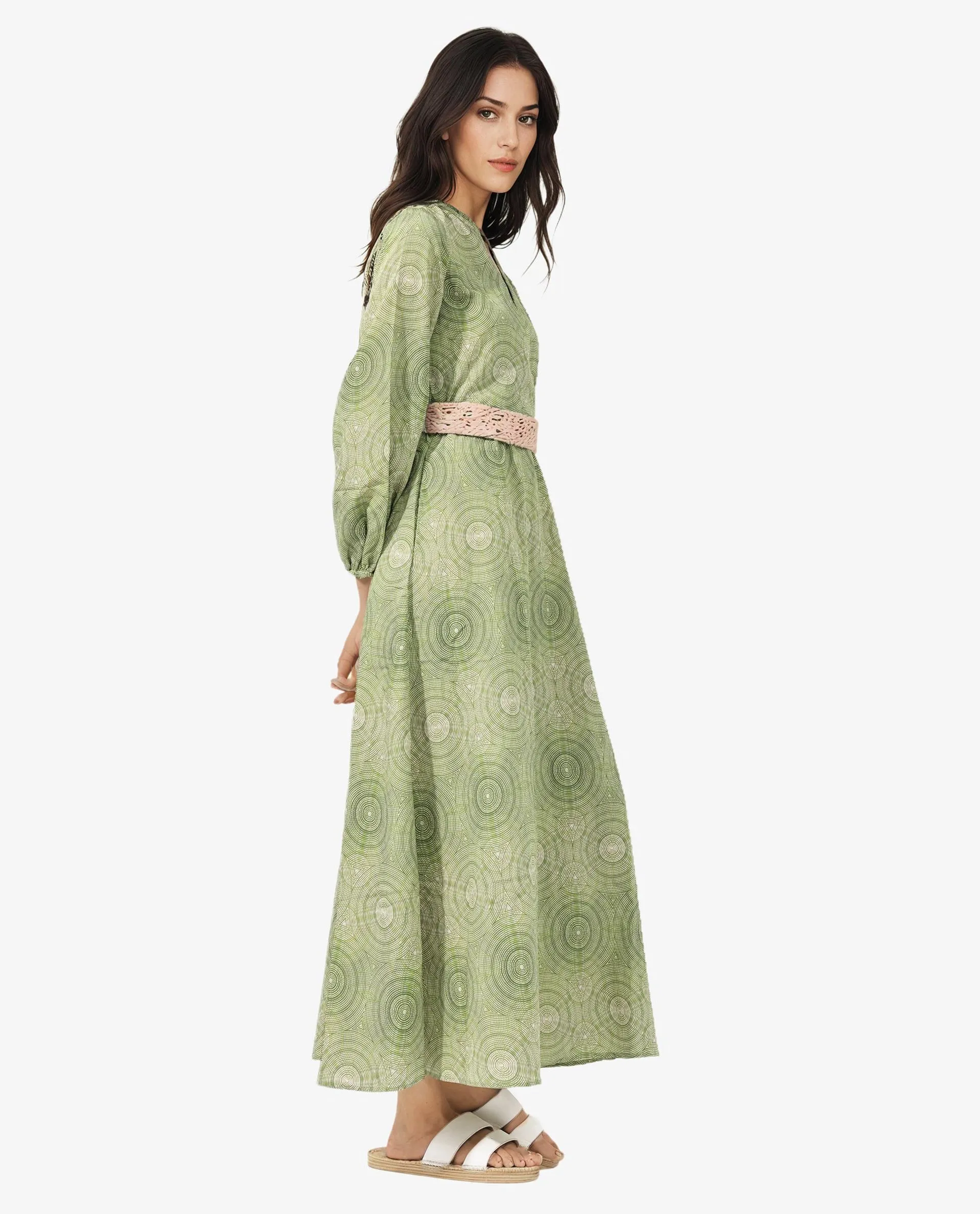 Rareism Women Bledel Pastel Green Rayon Nylon Fabric Regular Sleeves V-Neck Abstract Print Longline Dress