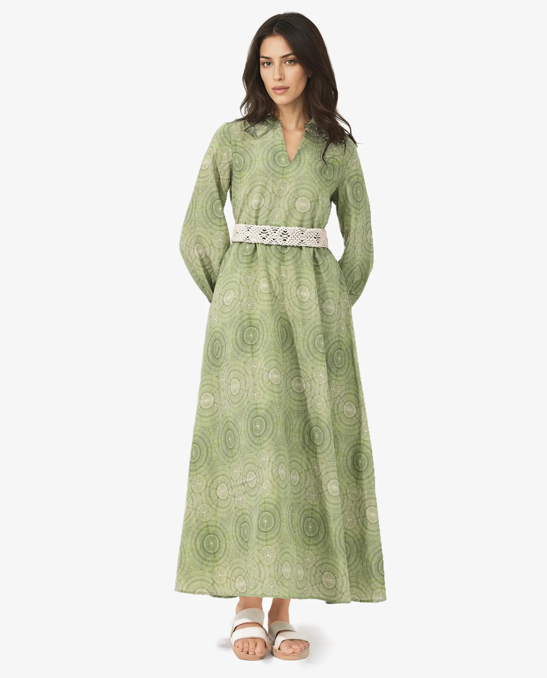Rareism Women Bledel Pastel Green Rayon Nylon Fabric Regular Sleeves V-Neck Abstract Print Longline Dress