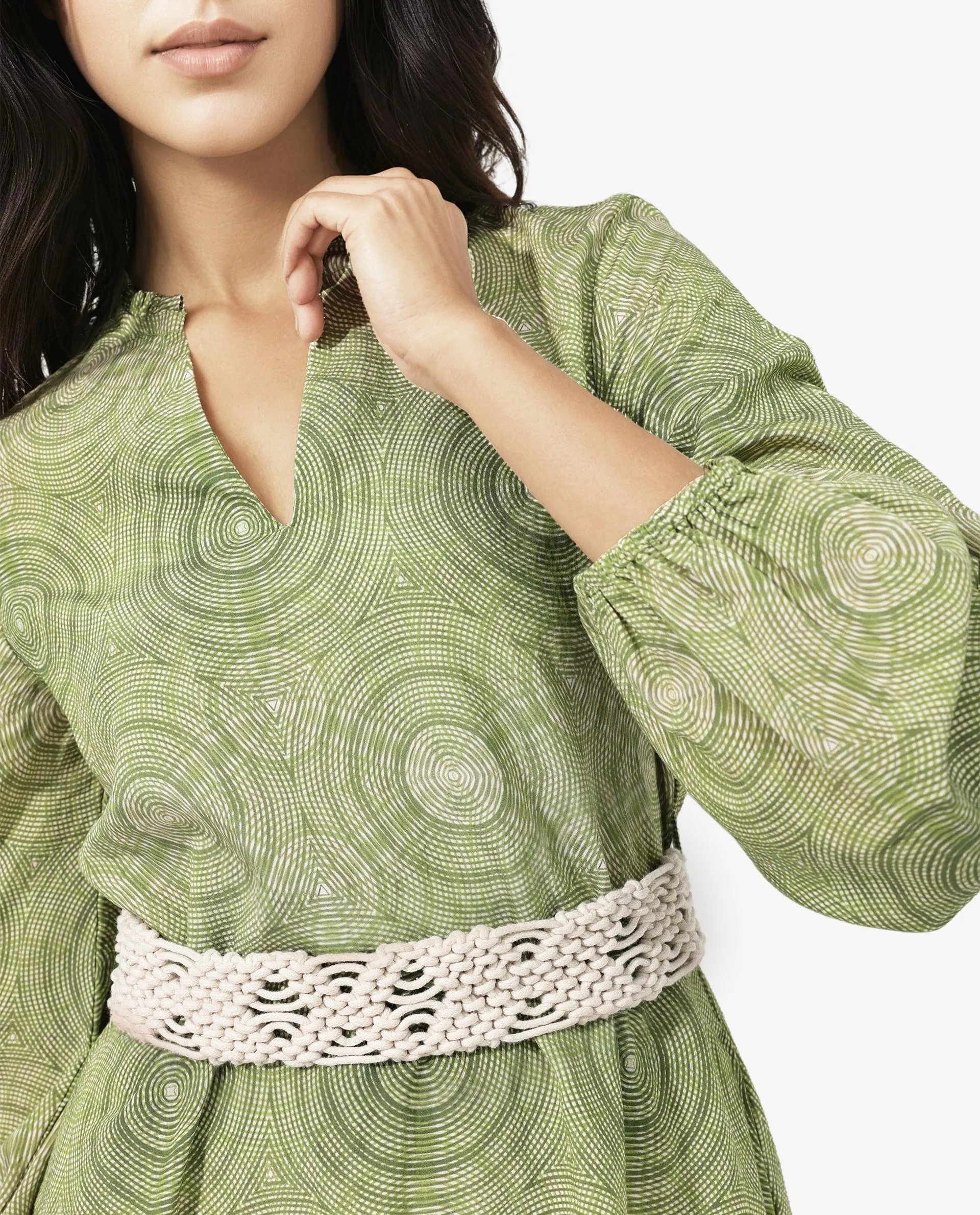 Rareism Women Bledel Pastel Green Rayon Nylon Fabric Regular Sleeves V-Neck Abstract Print Longline Dress