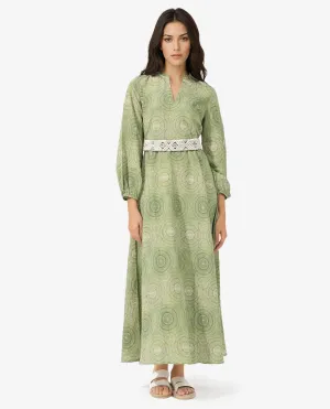 Rareism Women Bledel Pastel Green Rayon Nylon Fabric Regular Sleeves V-Neck Abstract Print Longline Dress