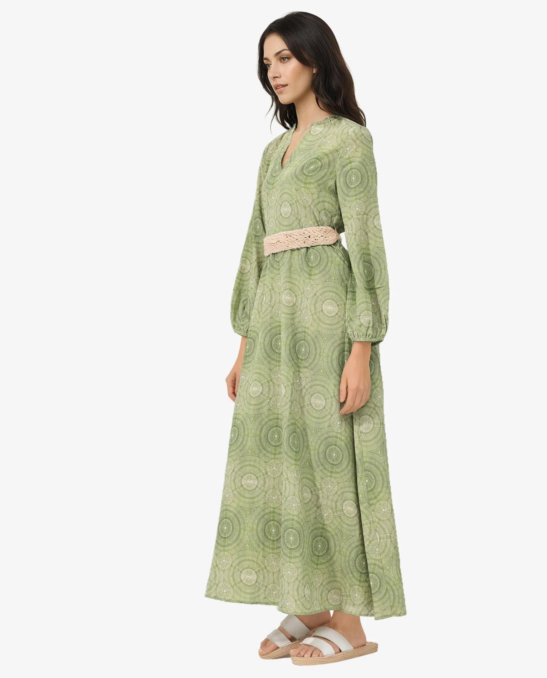 Rareism Women Bledel Pastel Green Rayon Nylon Fabric Regular Sleeves V-Neck Abstract Print Longline Dress