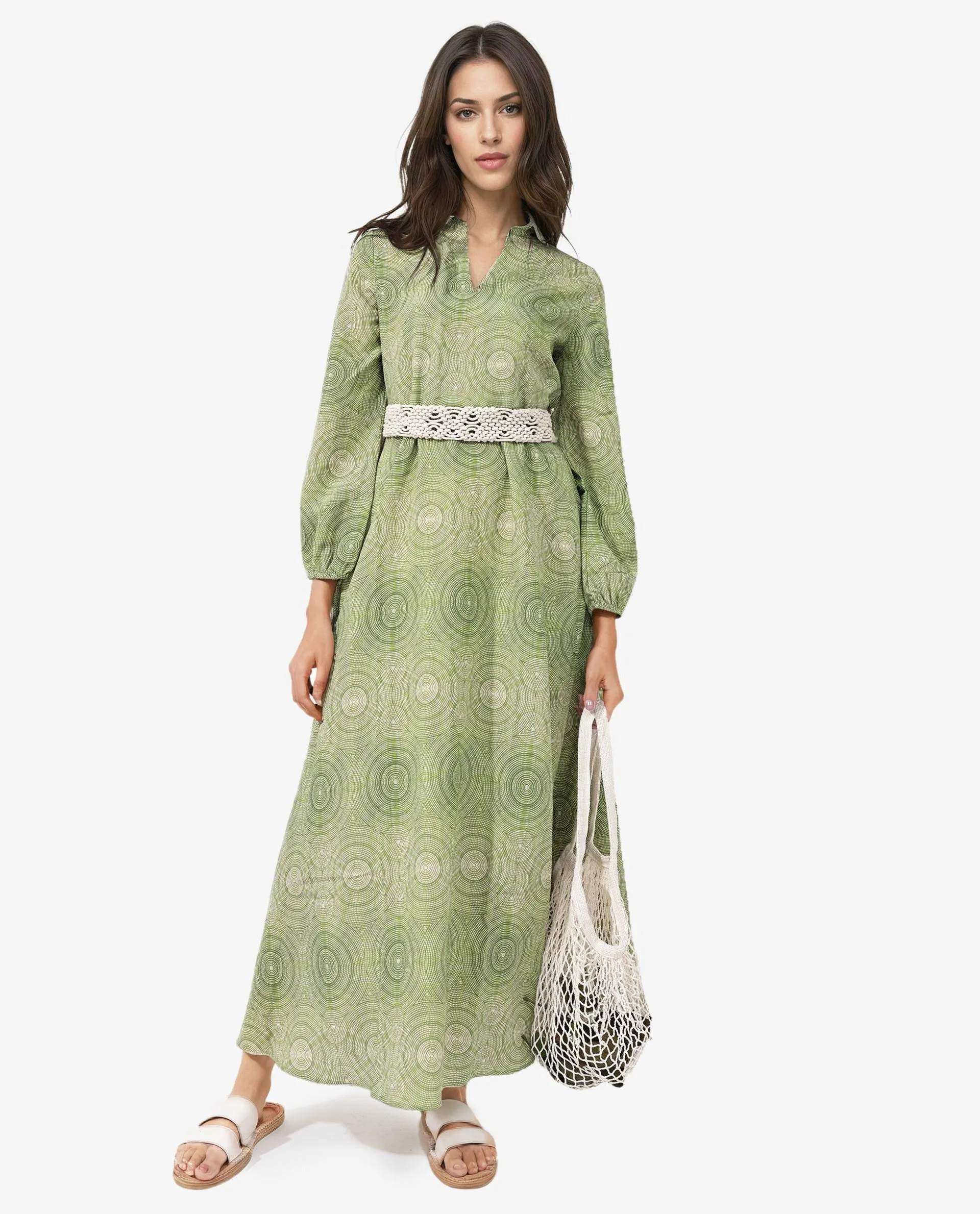 Rareism Women Bledel Pastel Green Rayon Nylon Fabric Regular Sleeves V-Neck Abstract Print Longline Dress