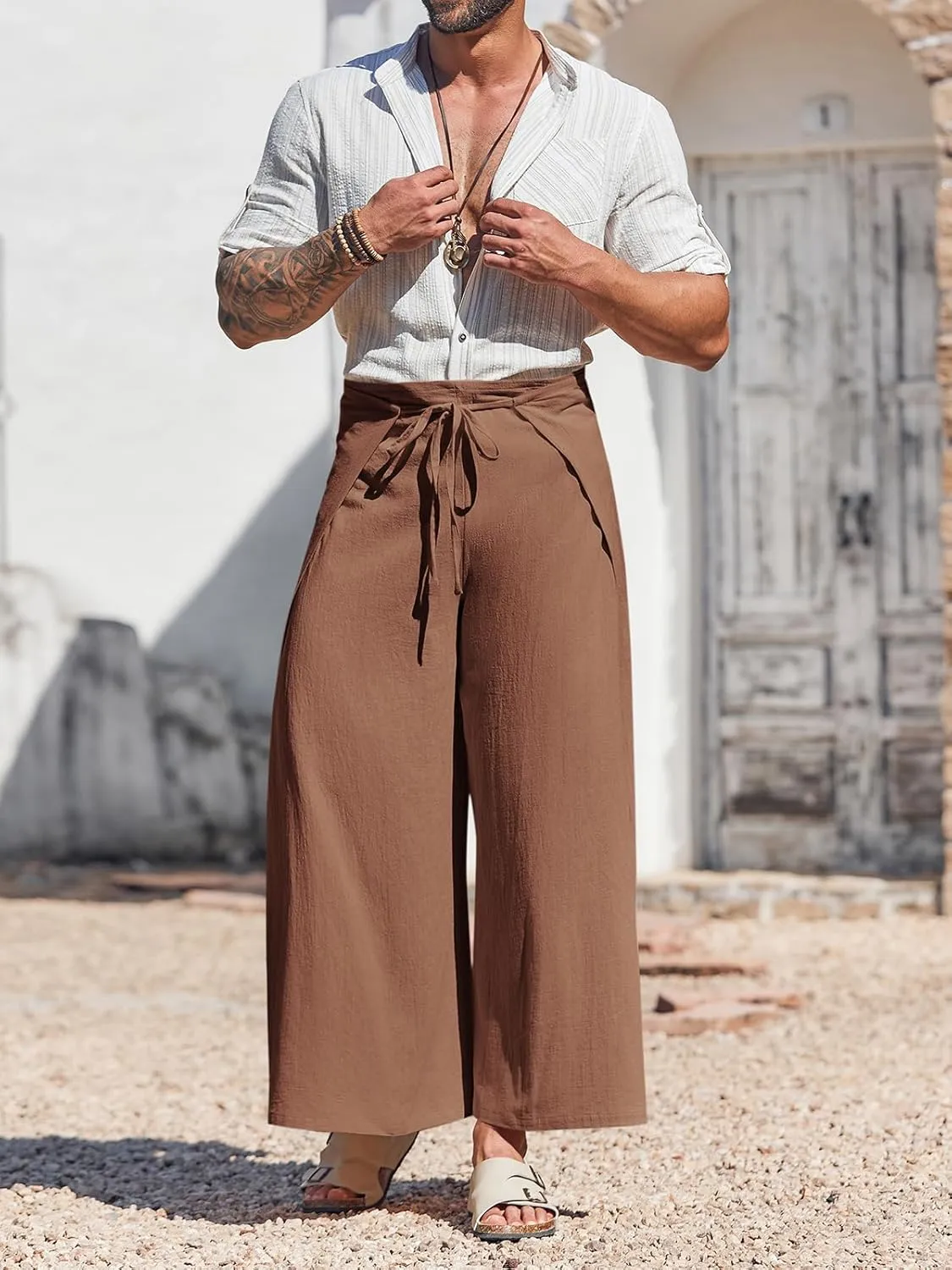 Runcati Mens Linen Wrap Pants Thai Fisherman Yoga Beach Hippie Lightweight Loose Fit Pants