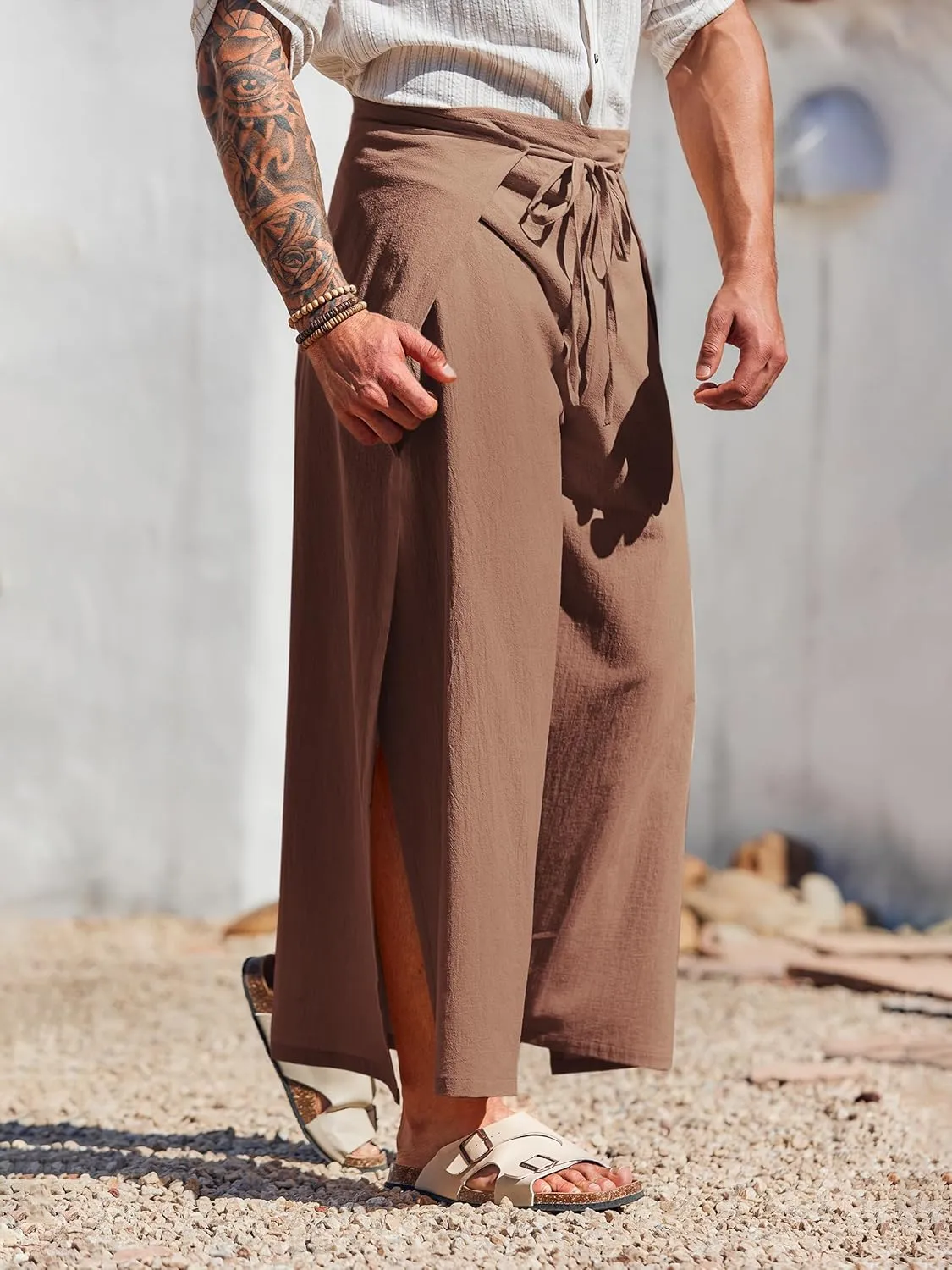 Runcati Mens Linen Wrap Pants Thai Fisherman Yoga Beach Hippie Lightweight Loose Fit Pants