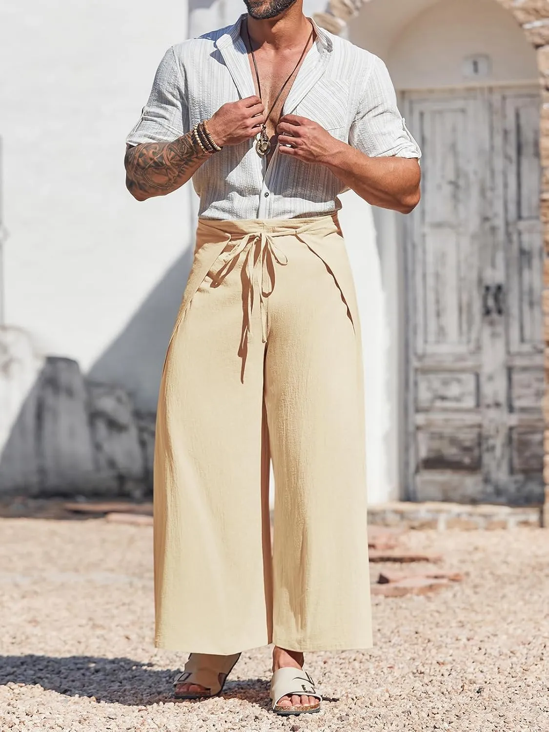 Runcati Mens Linen Wrap Pants Thai Fisherman Yoga Beach Hippie Lightweight Loose Fit Pants