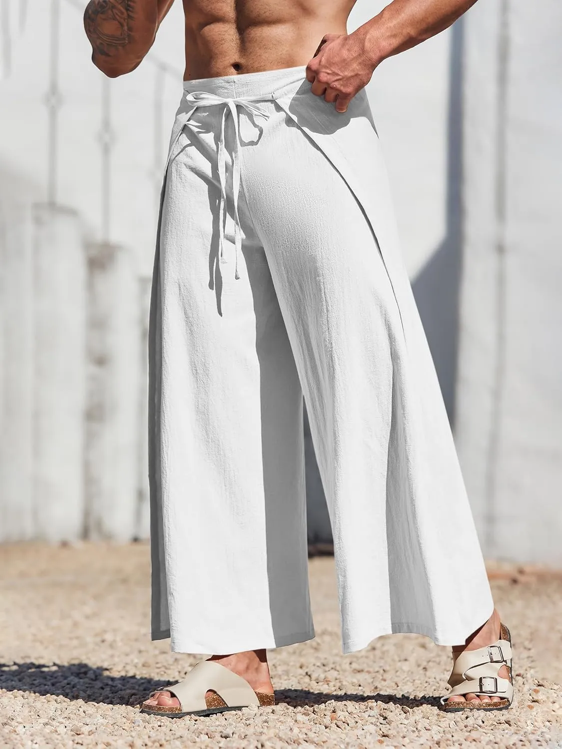Runcati Mens Linen Wrap Pants Thai Fisherman Yoga Beach Hippie Lightweight Loose Fit Pants