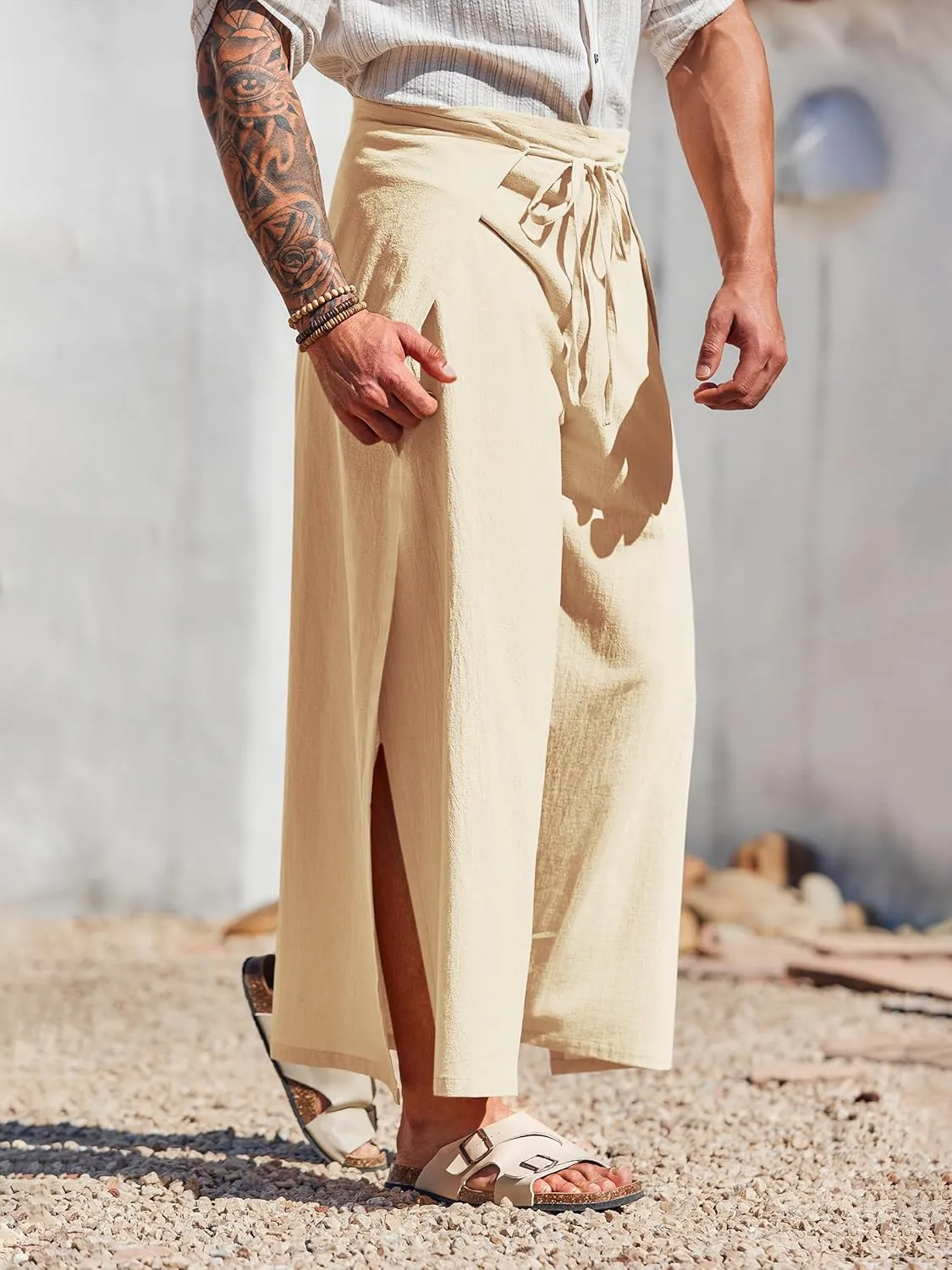 Runcati Mens Linen Wrap Pants Thai Fisherman Yoga Beach Hippie Lightweight Loose Fit Pants