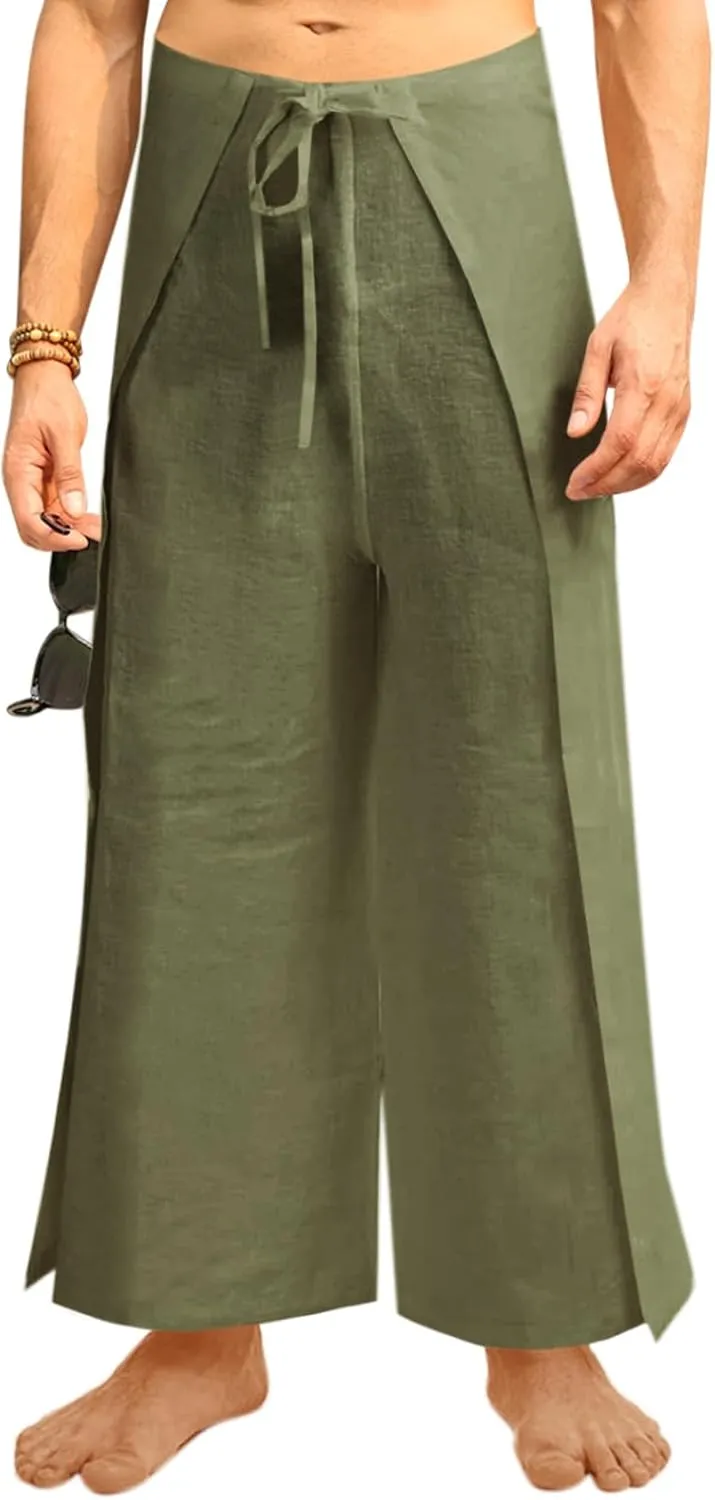 Runcati Mens Linen Wrap Pants Thai Fisherman Yoga Beach Hippie Lightweight Loose Fit Pants